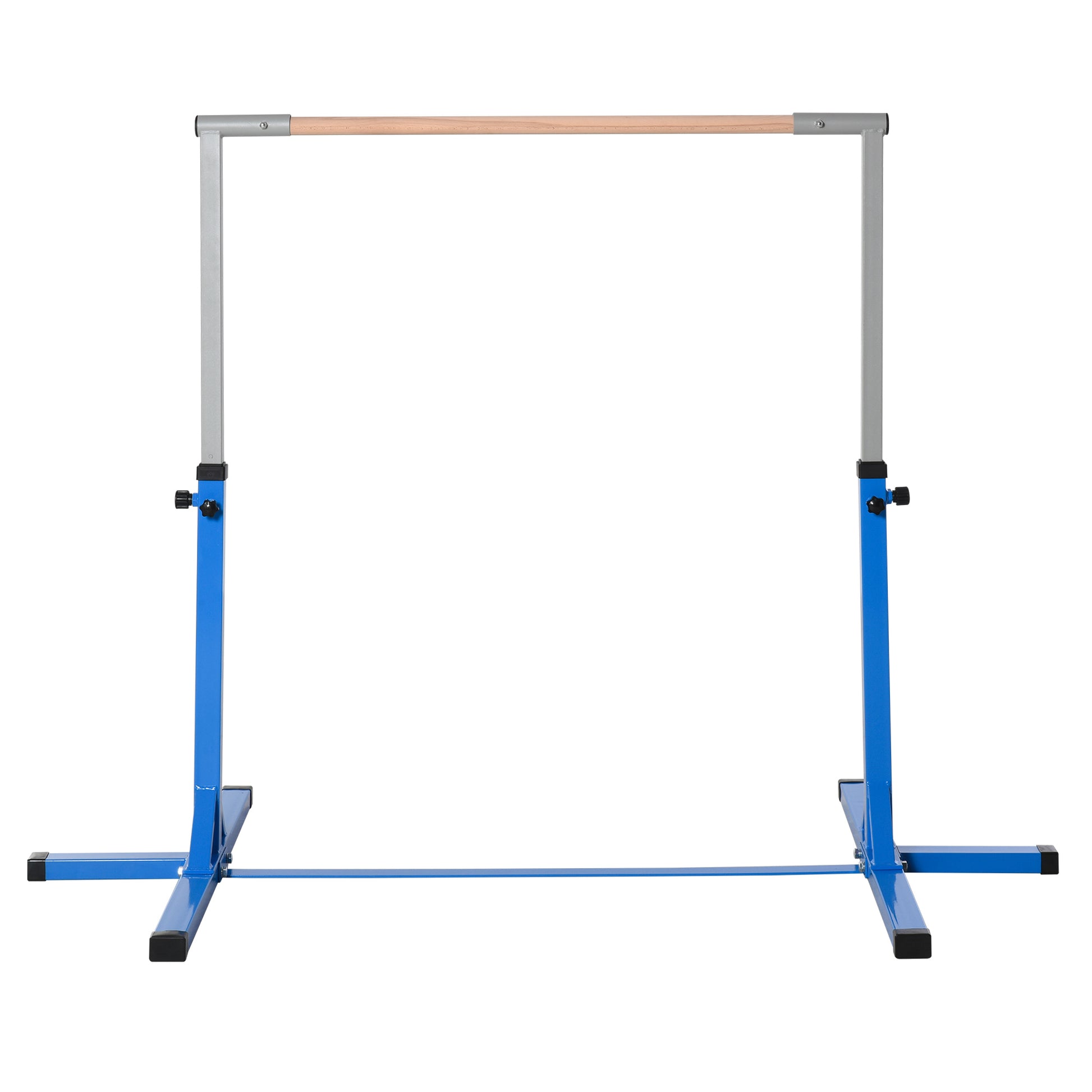 Adjustable blue horizontal bar with natural wood dowel and silver frame for gymnastics training