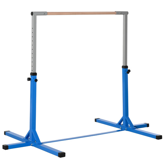Adjustable blue horizontal bar for gymnastics training with wooden dowel