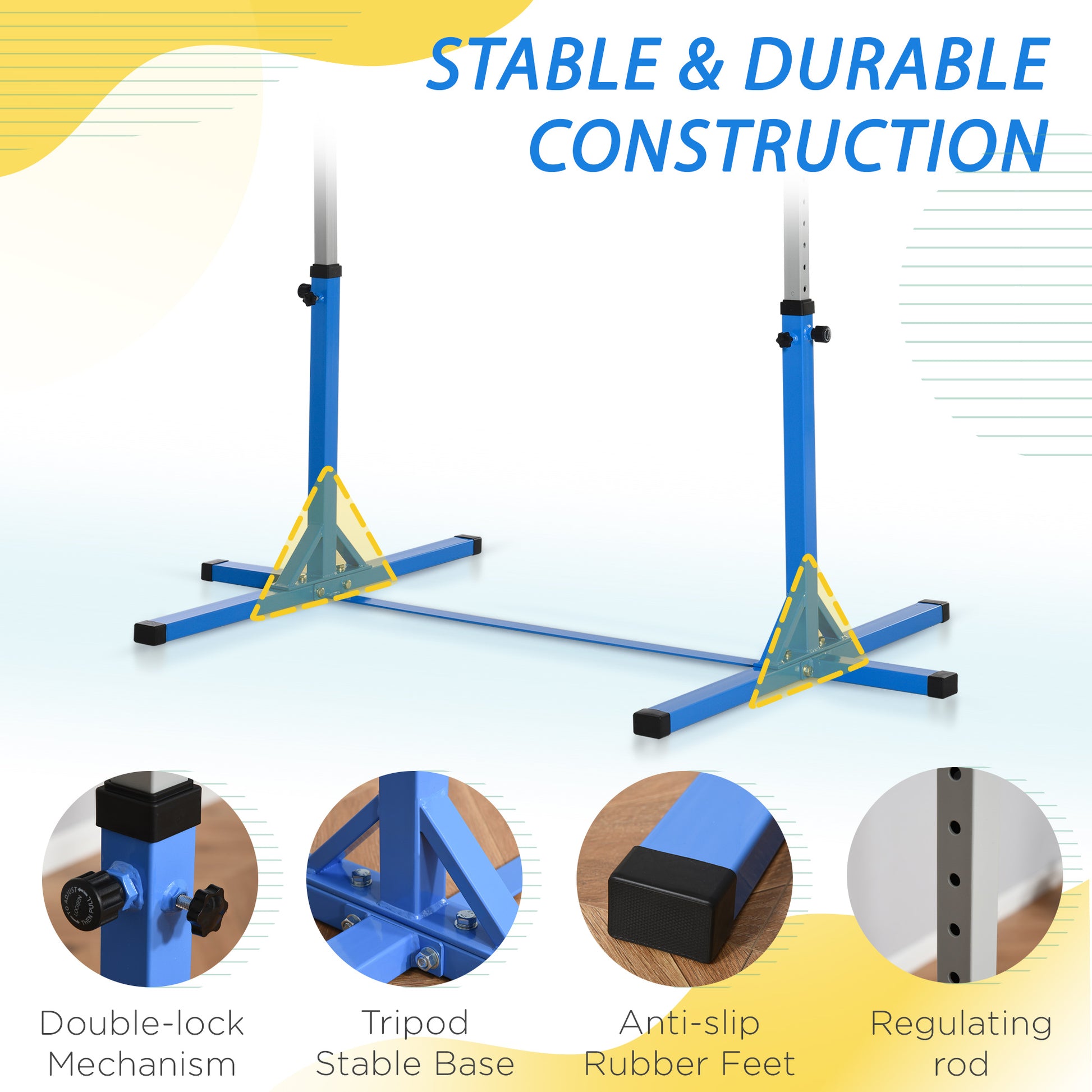 Blue gymnastics bar with stable tripod base doublelock mechanism antislip feet for kids