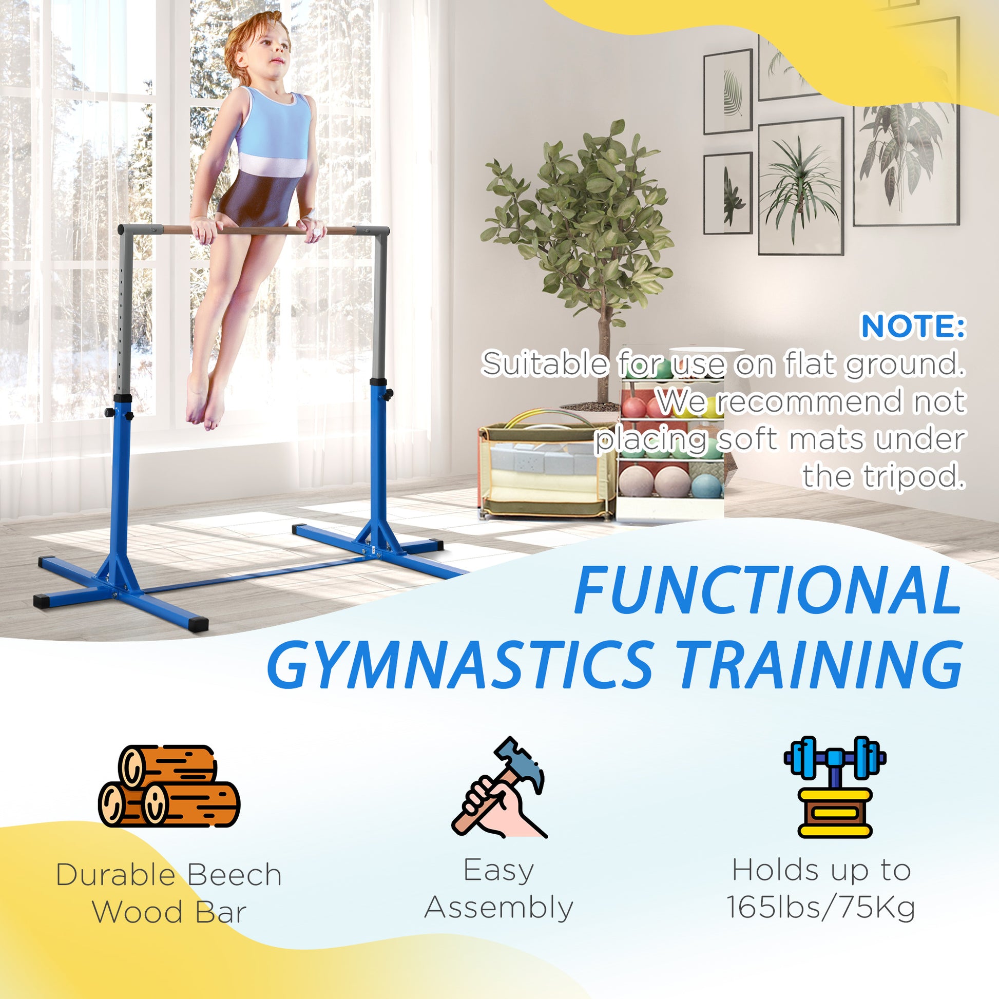 Young gymnast in blue leotard uses portable gymnastics bar for training
