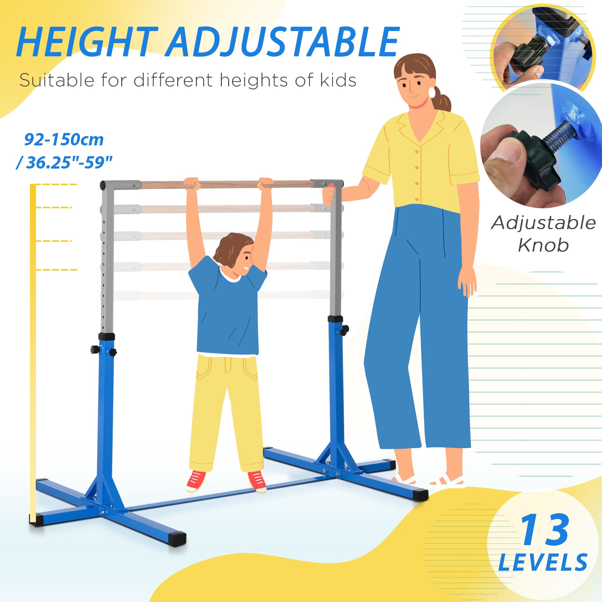 Adjustable height gymnastics bar for kids blue frame cm range