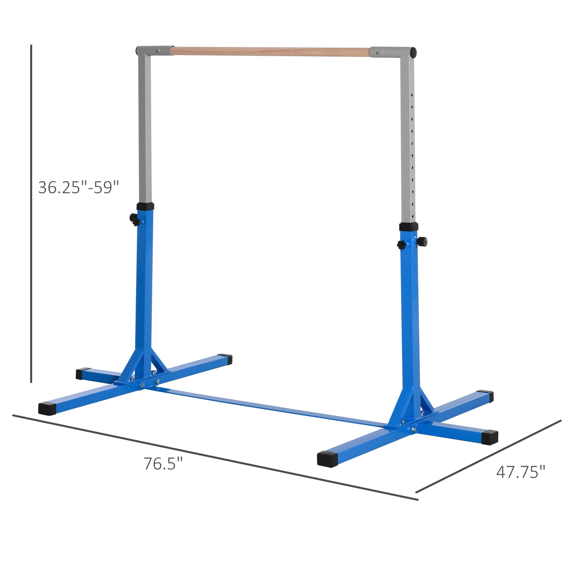Blue adjustable gymnastics bar with wooden top for home training
