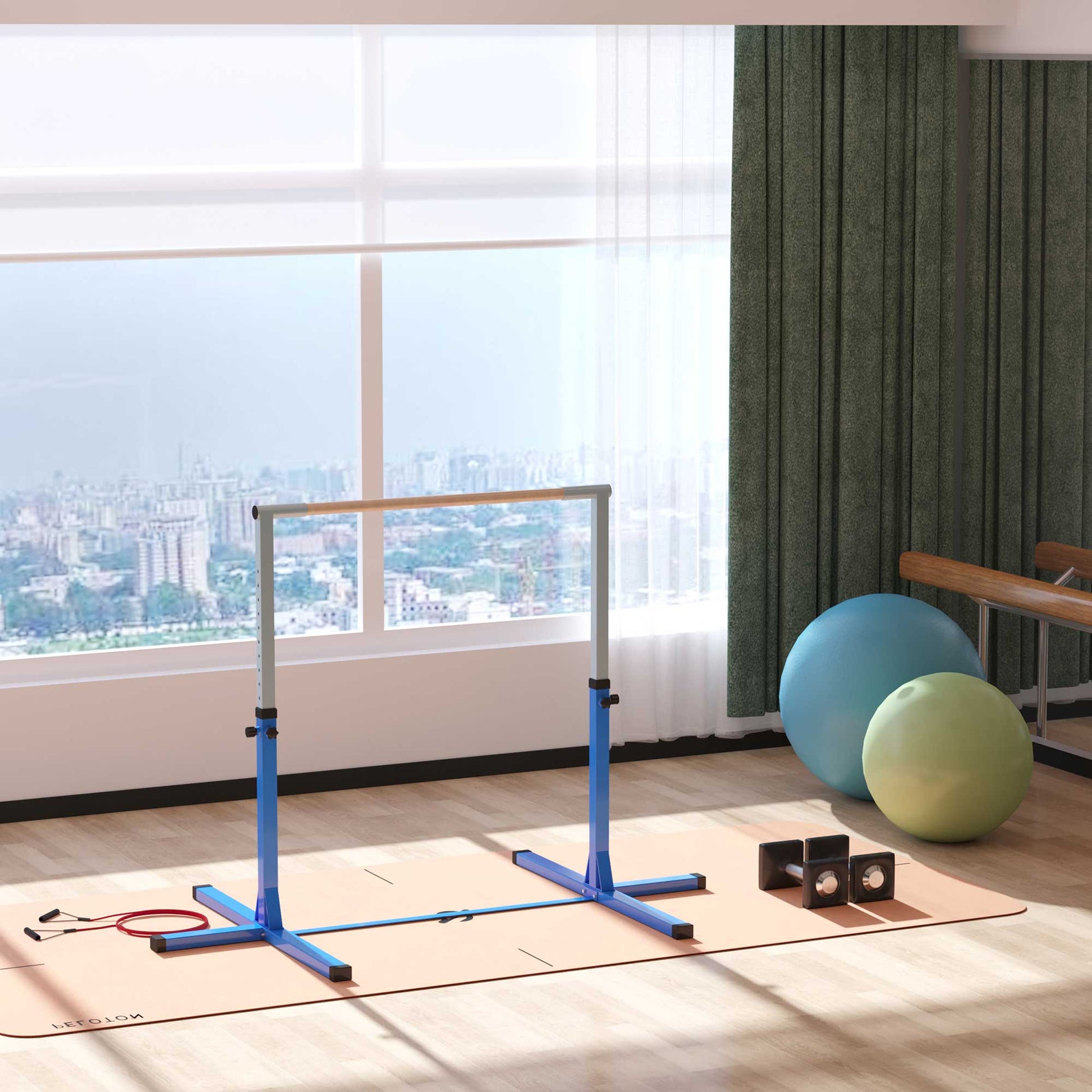 Adjustable gymnastics bar with blue frame and wooden bar for home training