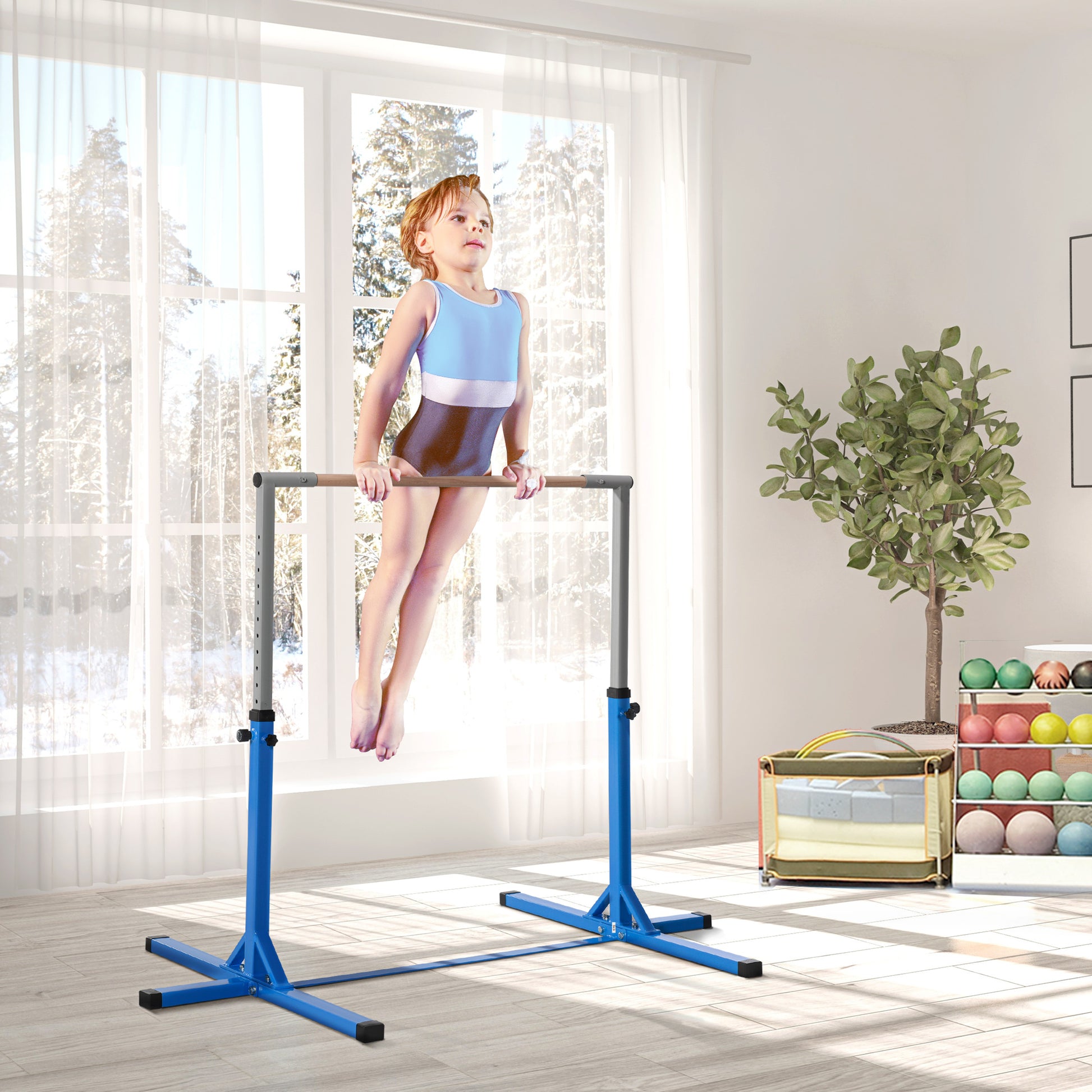 Adjustable kids gymnastics bar with stable blue base for home training