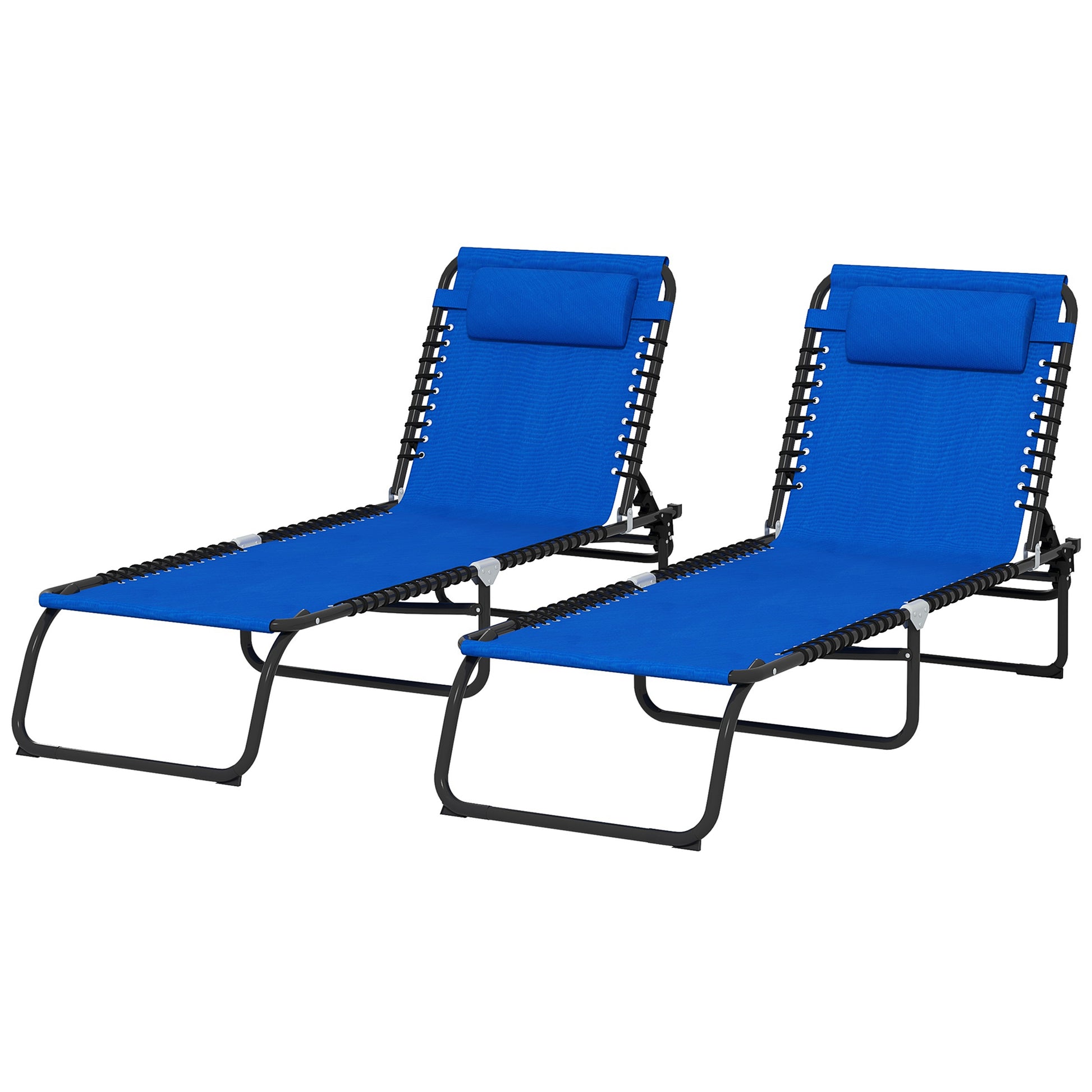 Two blue adjustable chaise lounge chairs with black metal frames and headrests for outdoor relaxation