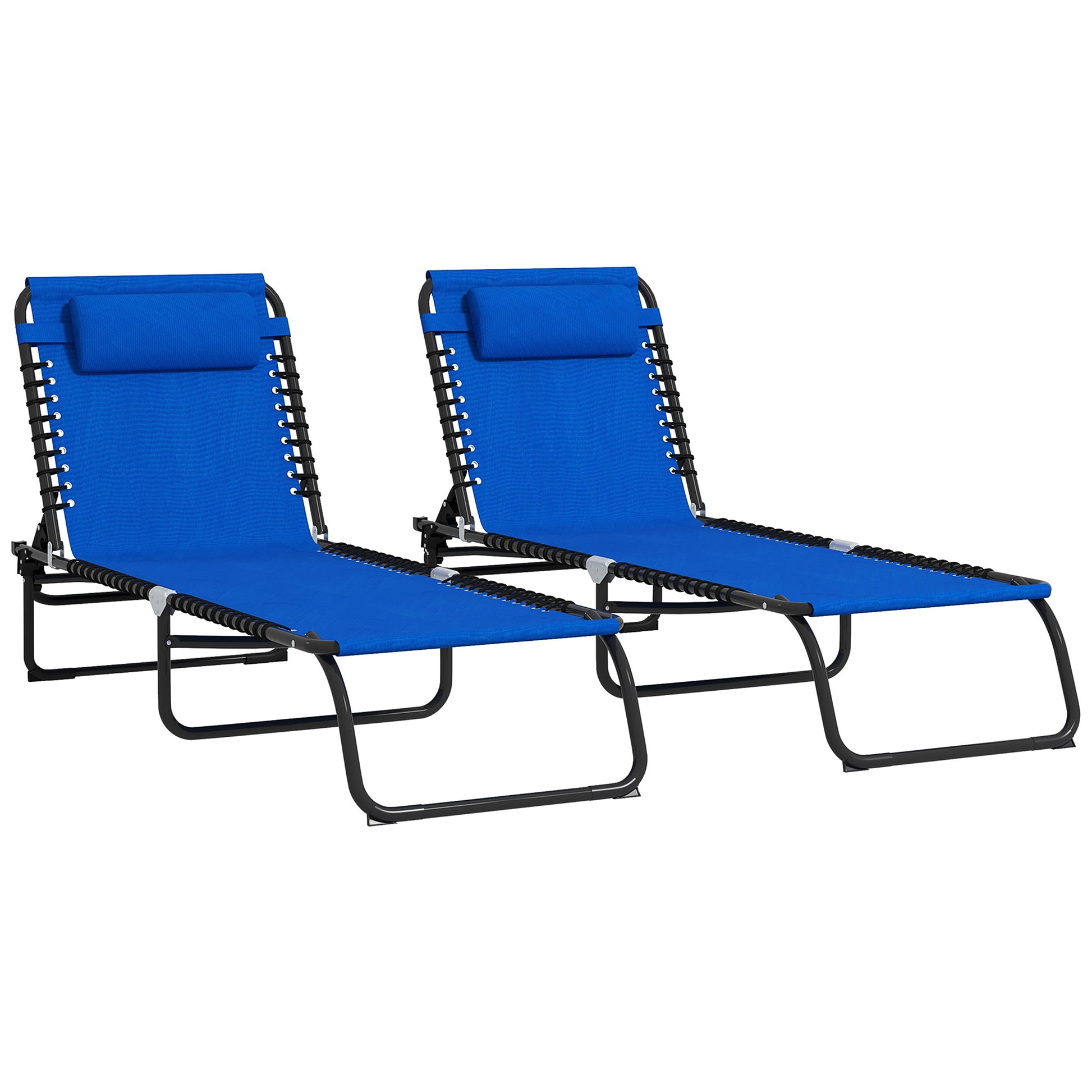 Two blue fabric lounge chairs with black metal frames and adjustable headrests for outdoor relaxation