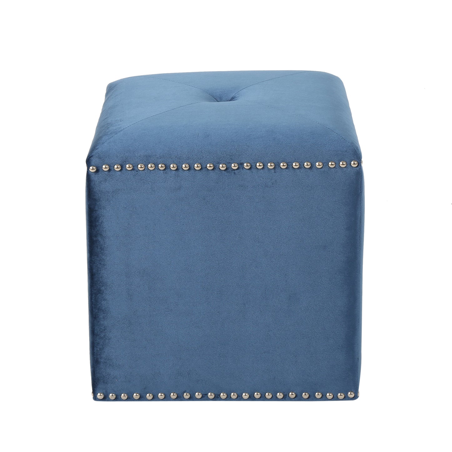 Blue velvet cube ottoman with tufted top and decorative nailhead trim