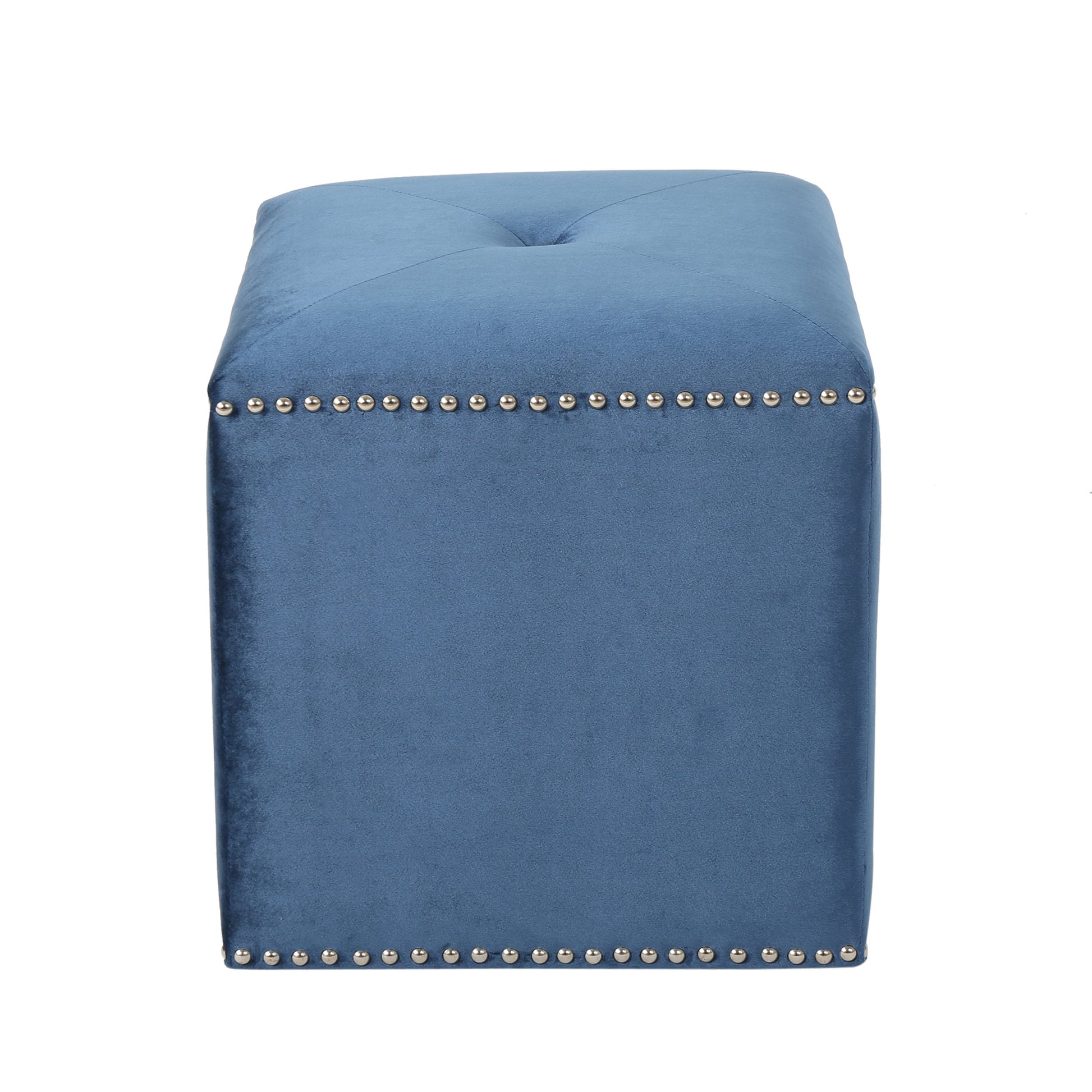 Blue velvet cube ottoman with tufted top and decorative nailhead trim