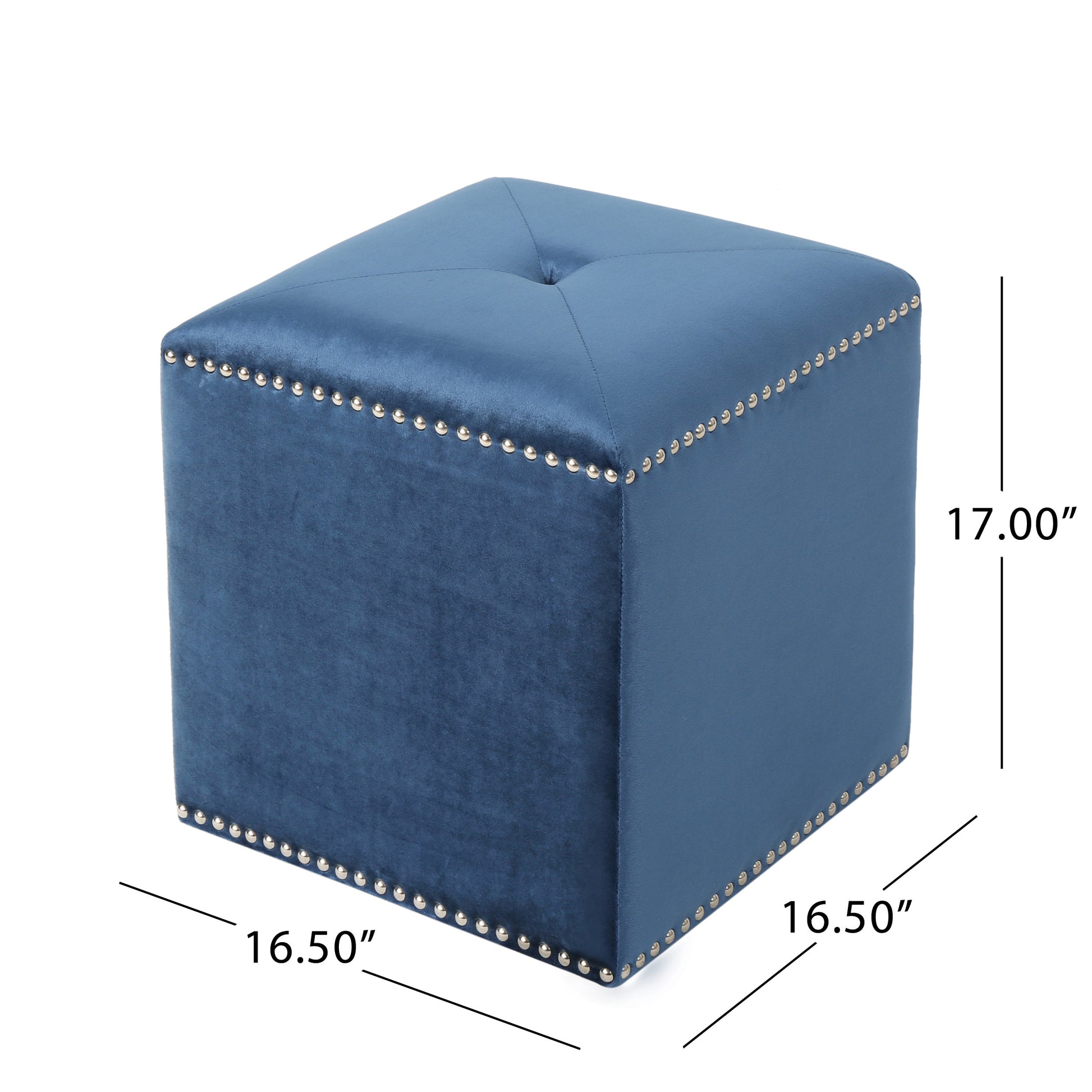 Deep blue velvet storage ottoman with silver nailhead trim and tufted top