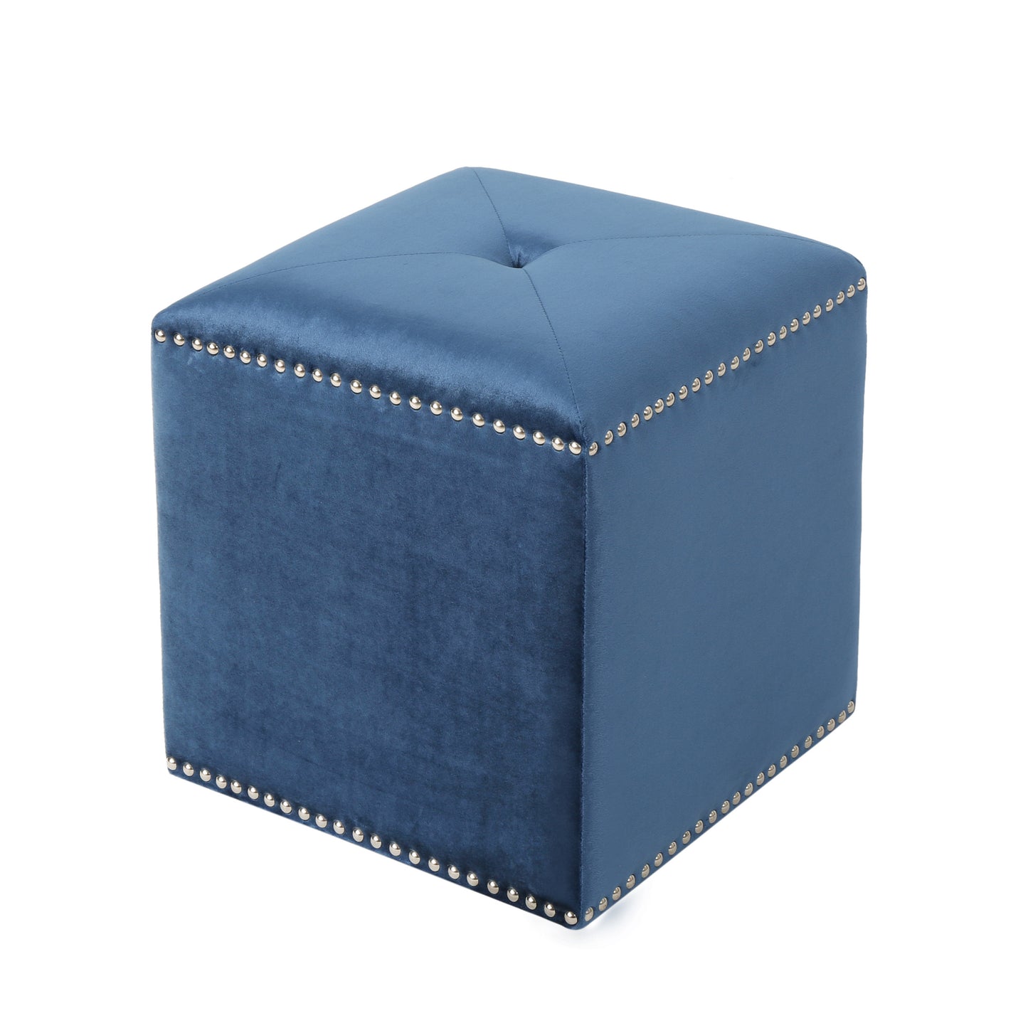 Blue velvet cube ottoman with nailhead trim