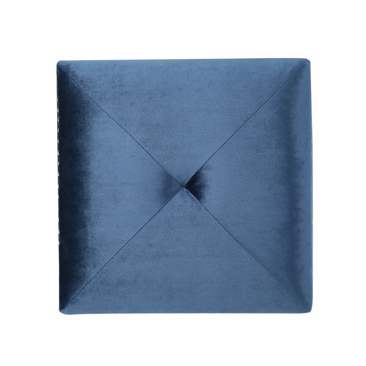 Deep blue velvet ottoman with tufted top and decorative nailhead trim