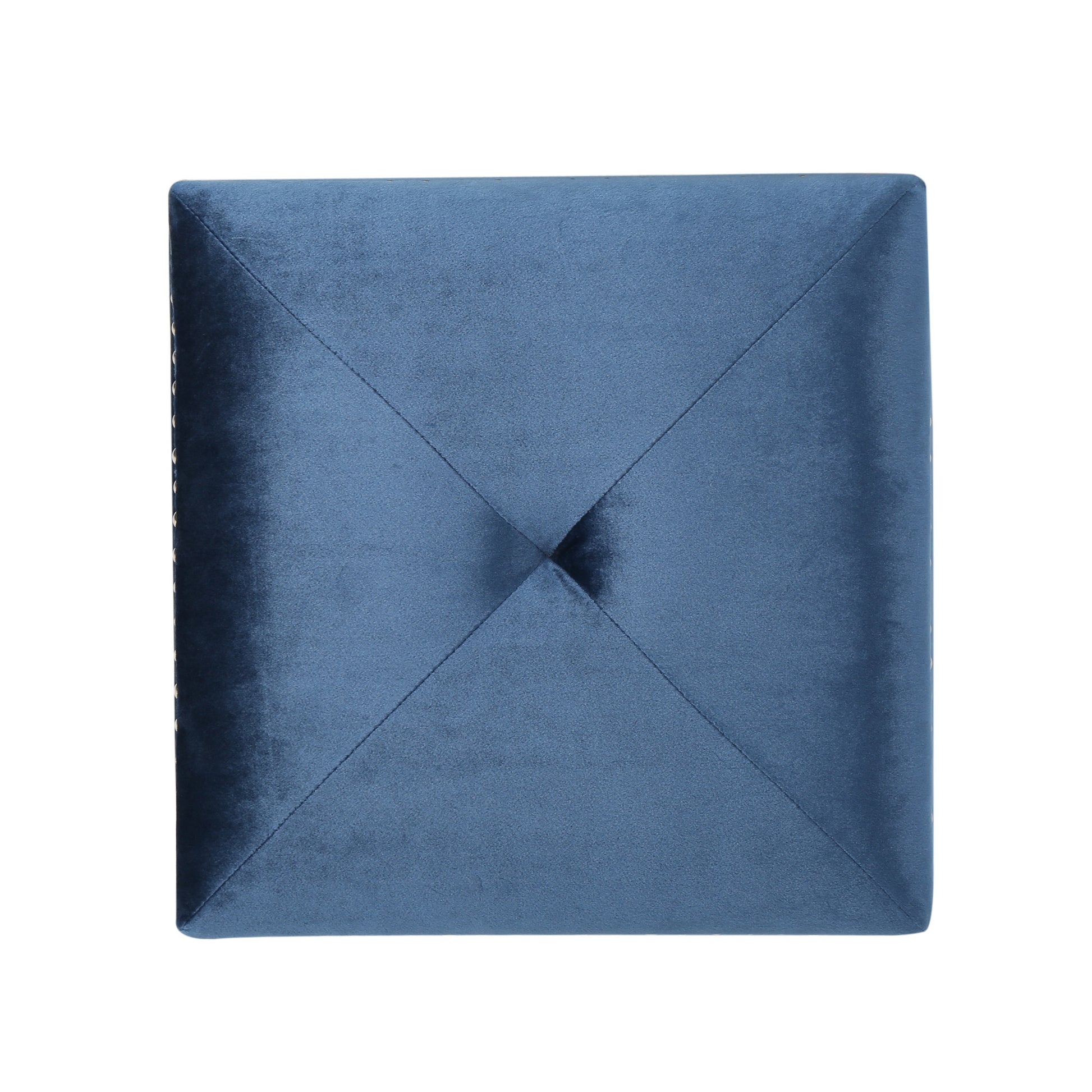 Deep blue velvet ottoman with tufted top and decorative nailhead trim