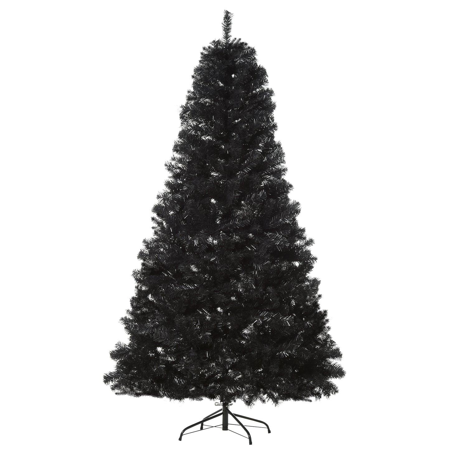 Full view of a black artificial Christmas tree with metal stand ideal for holiday decor