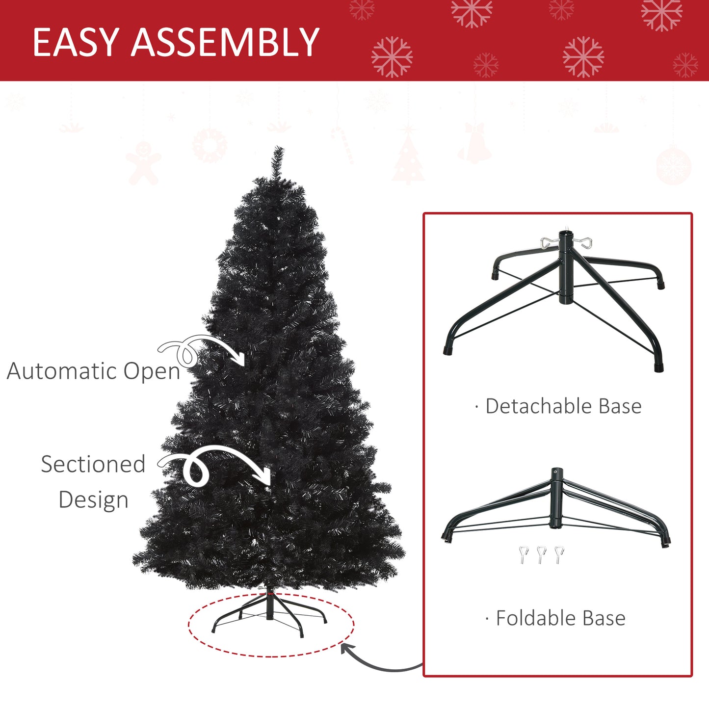Black artificial Christmas tree with automatic open and sectioned design for easy assembly