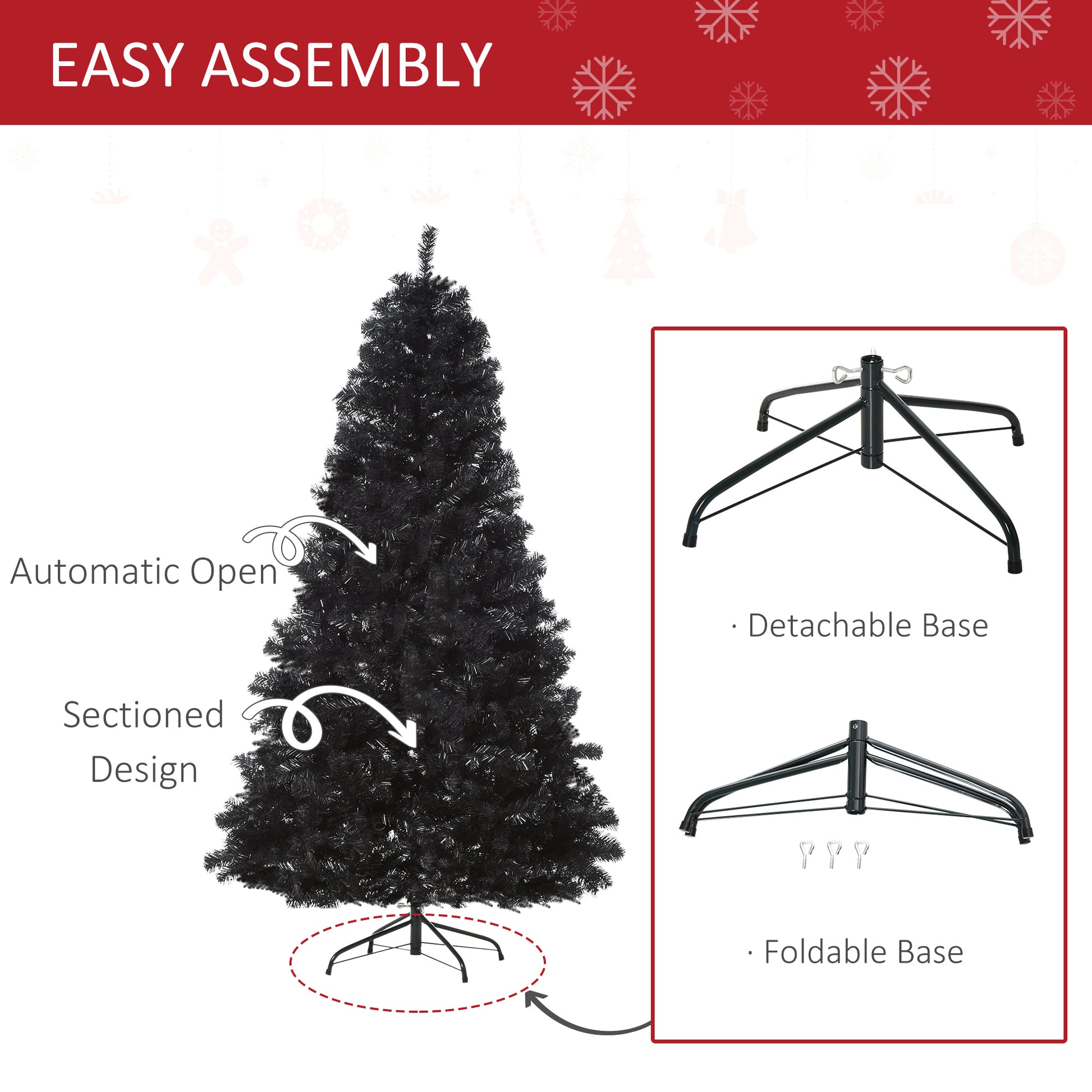 Black artificial Christmas tree with automatic open and sectioned design for easy assembly