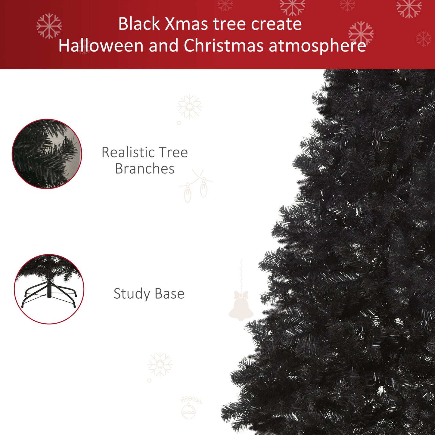 Closeup of realistic black Christmas tree branches highlighting dense dark foliage