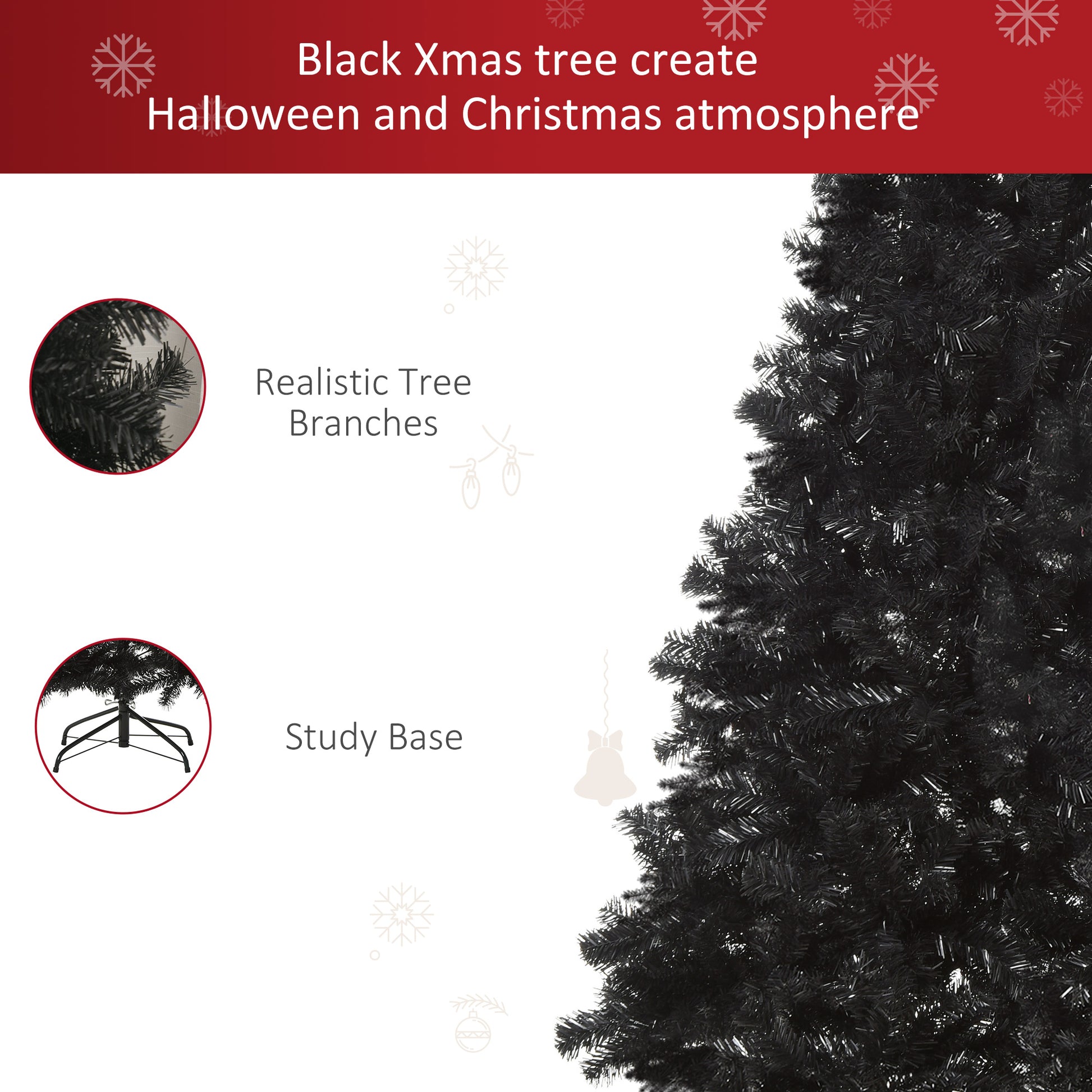 Closeup of realistic black Christmas tree branches highlighting dense dark foliage