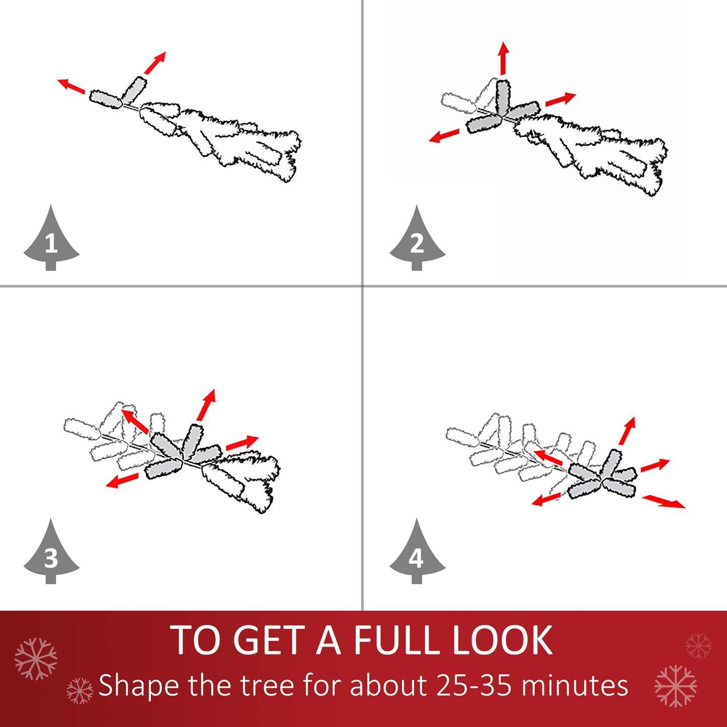 Diagram showing step  of fluffing artificial Christmas tree branches