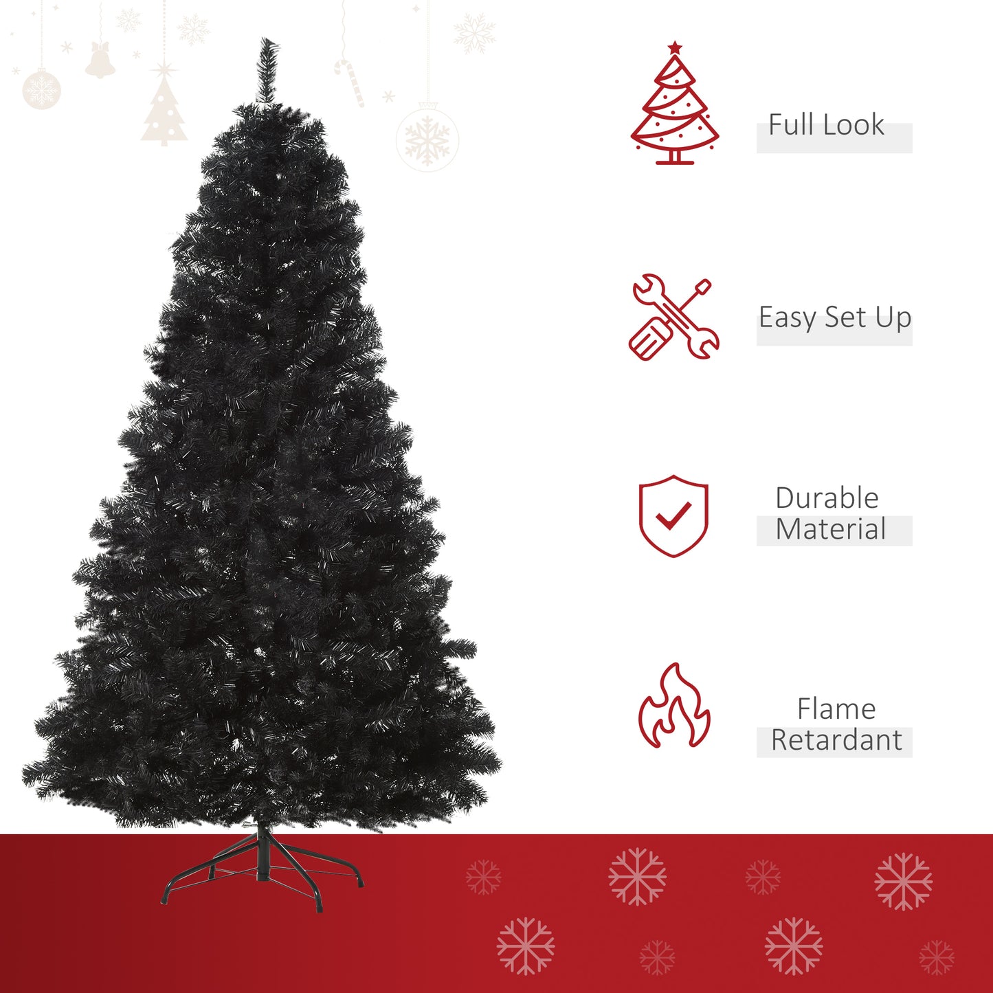 Full black artificial Christmas tree with full foliage and sturdy stand