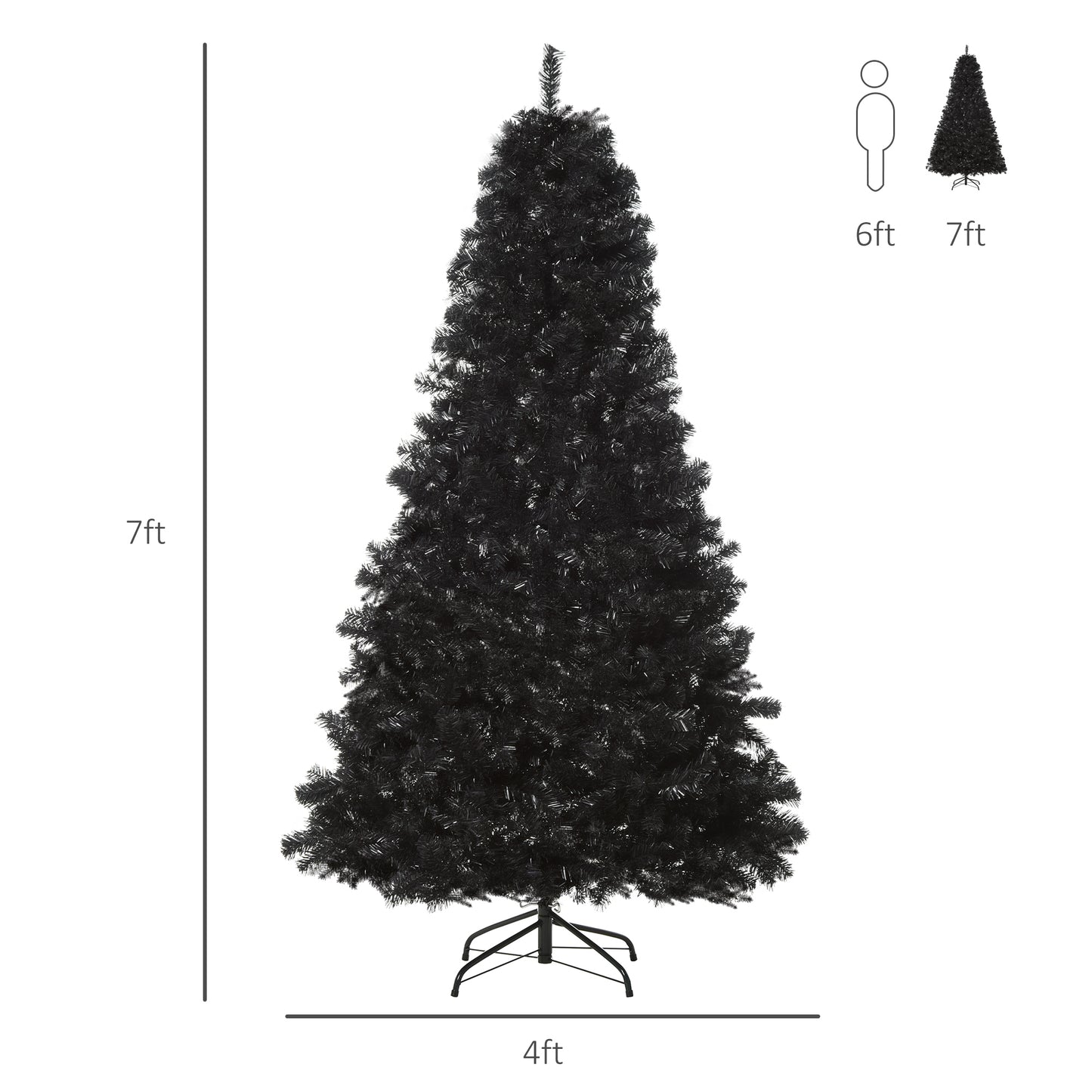 Full view of a ft black artificial Christmas tree with a ft base