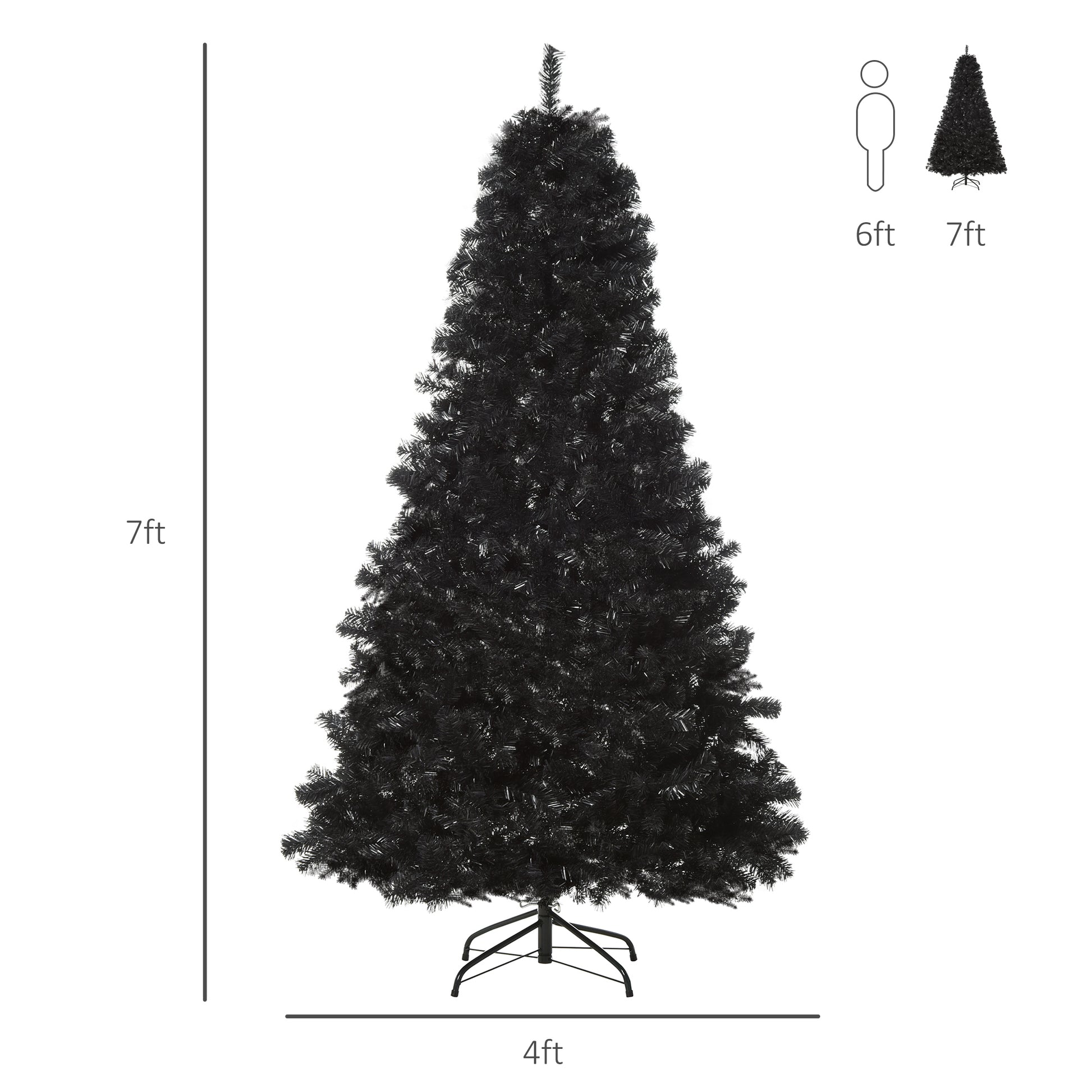 Full view of a ft black artificial Christmas tree with a ft base