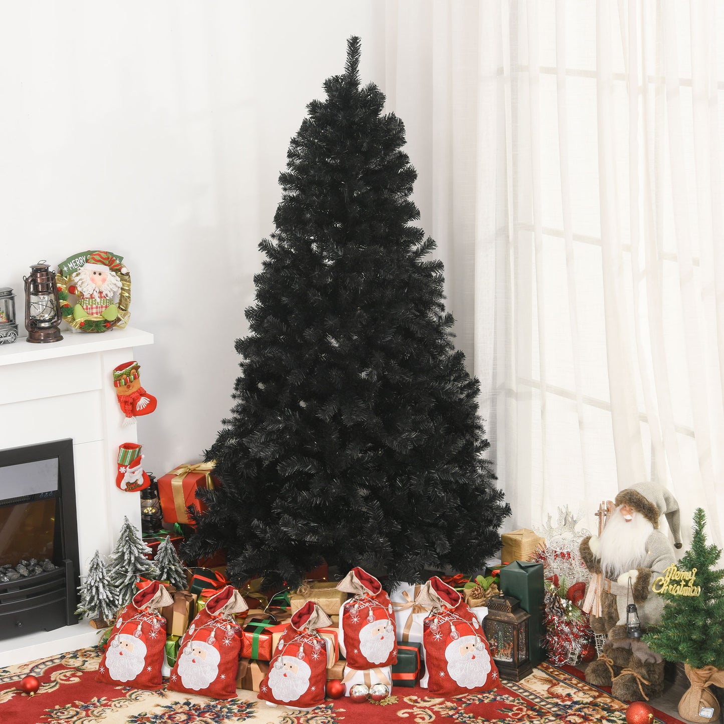 Tall black artificial Christmas tree with dense branches ideal for holiday decor