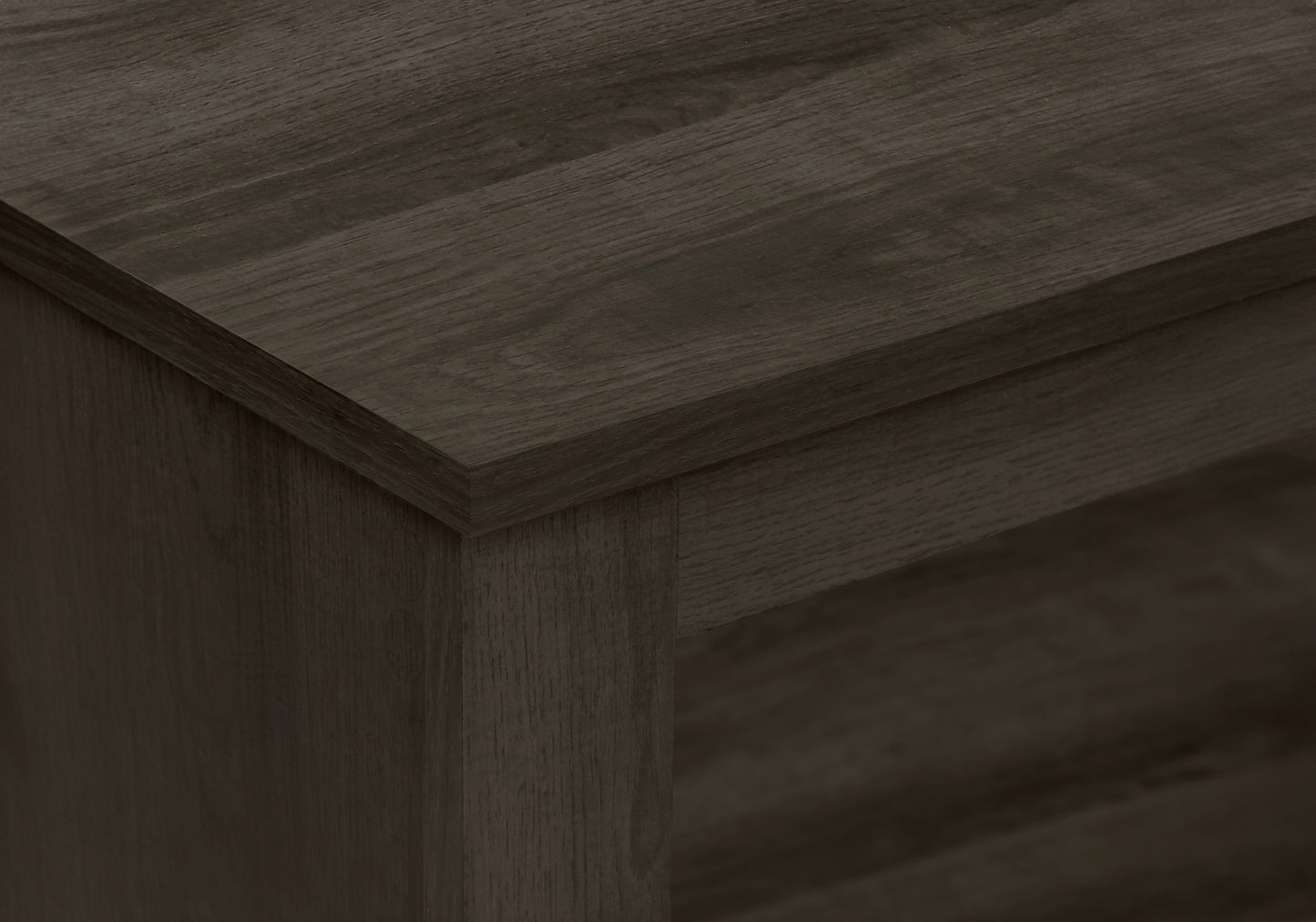 Closeup of a dark oak wood shelfs grain and edge