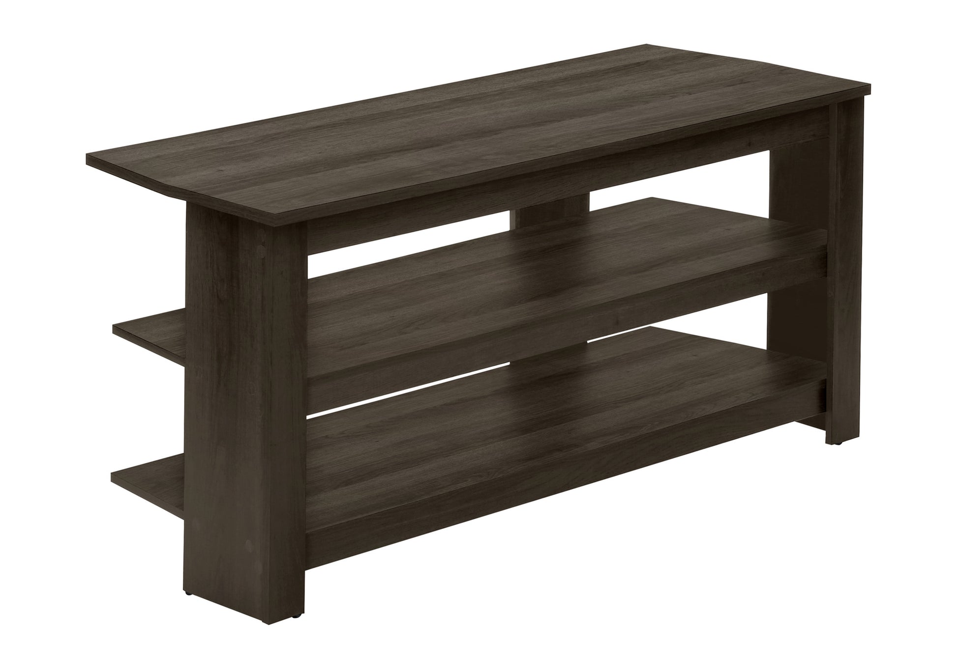 Dark wood entertainment center with three open shelves for media devices
