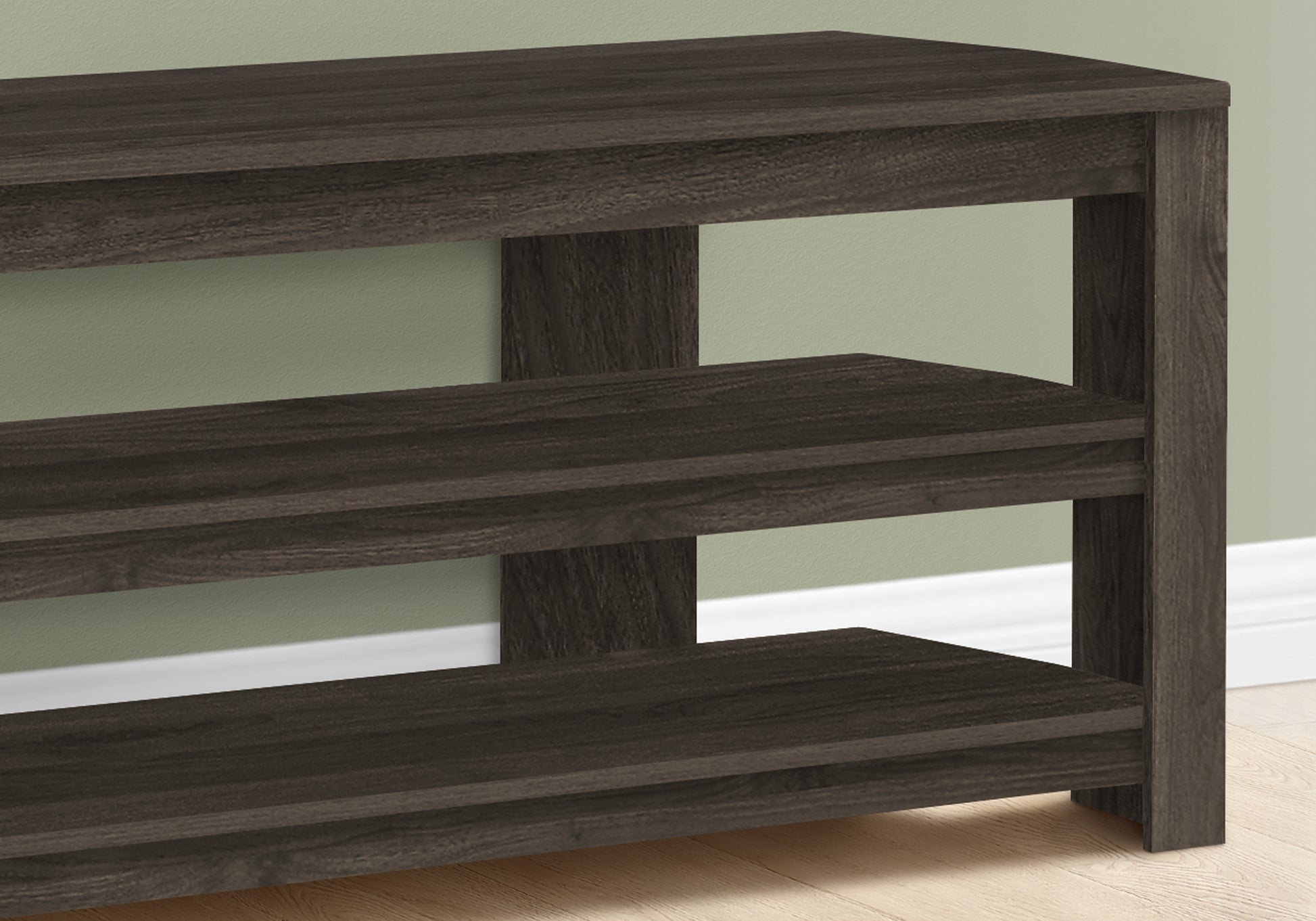 Dark brown wood media console with three open shelves