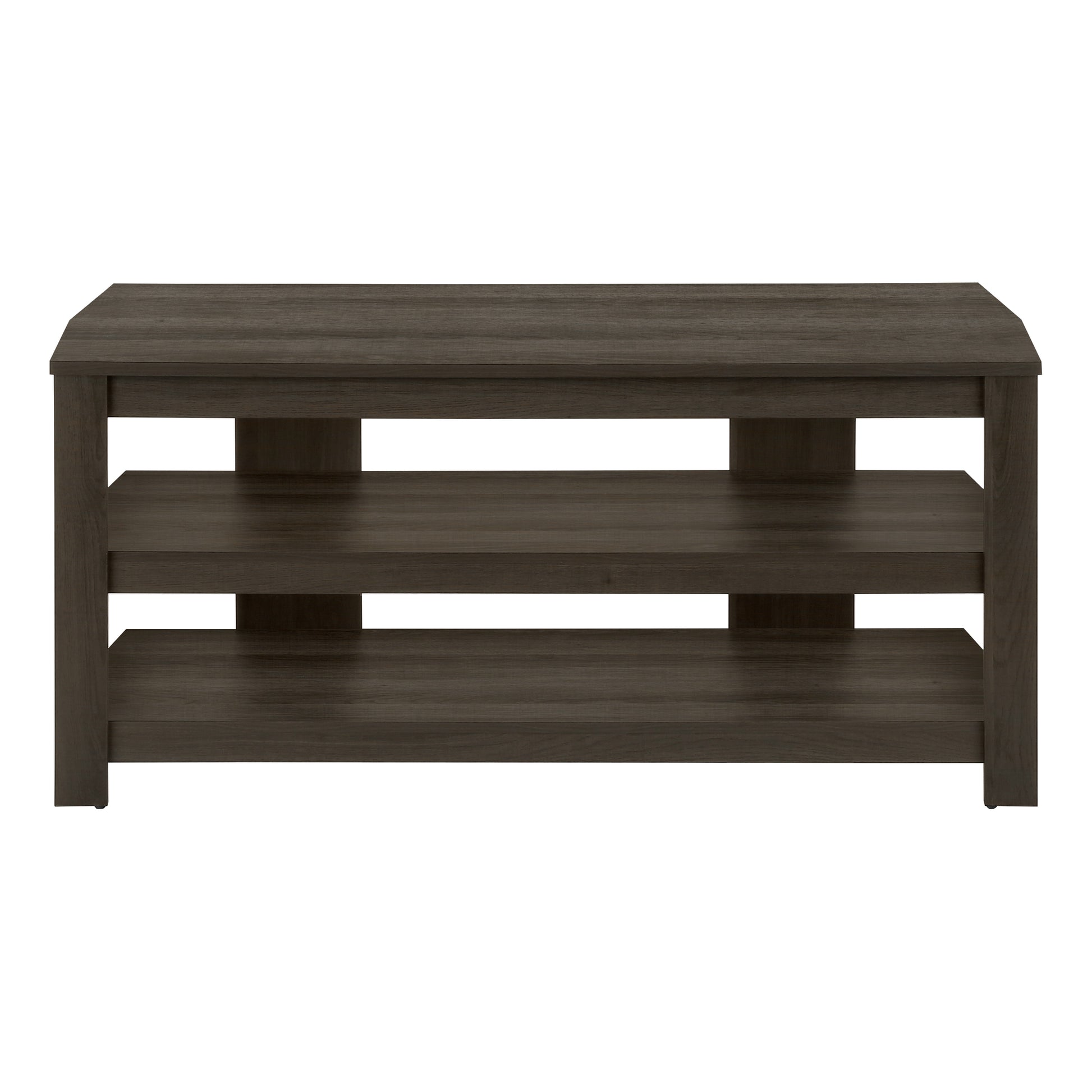 Dark gray wood entertainment center with three open shelves