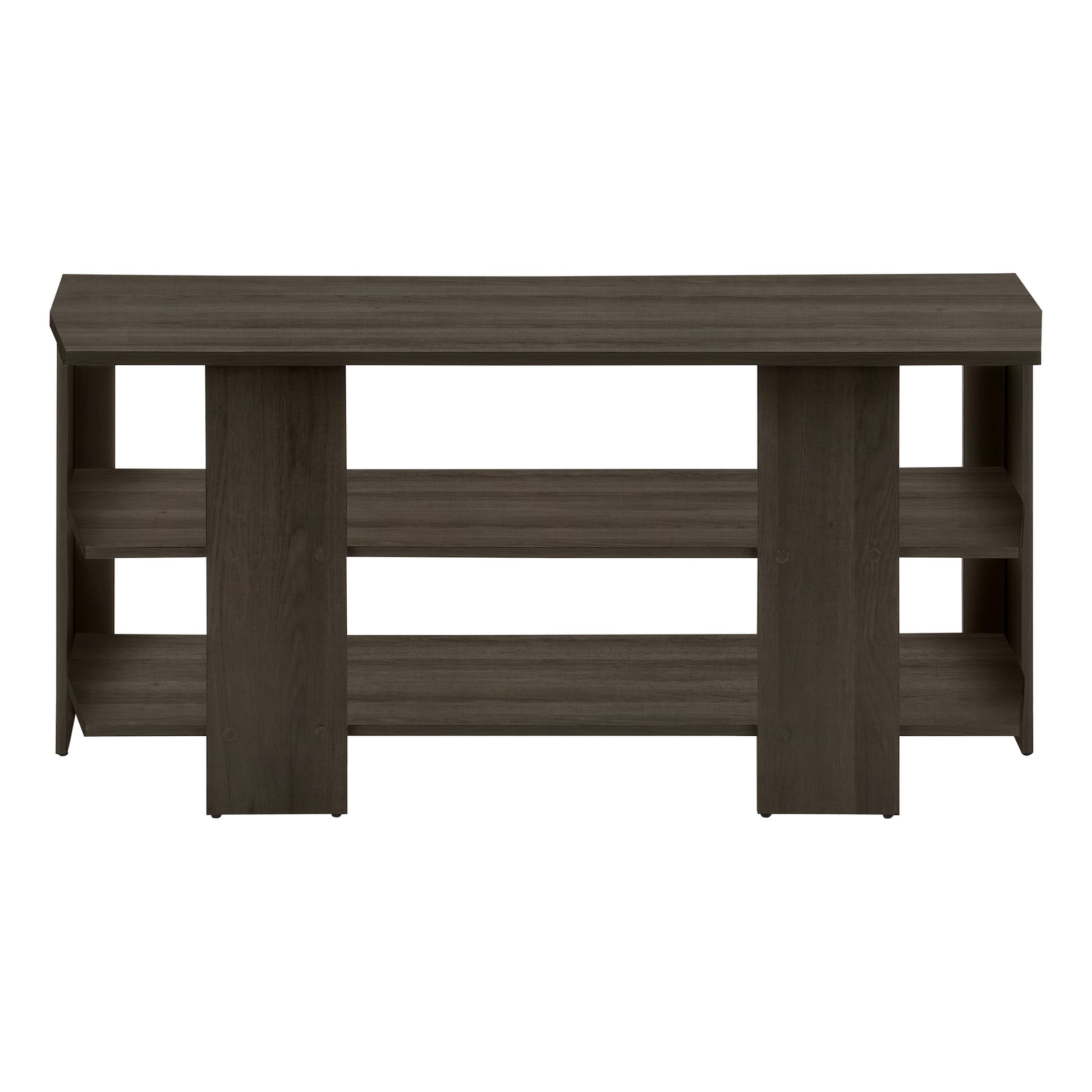 Dark gray wood console table with three open shelves and a spacious top surface