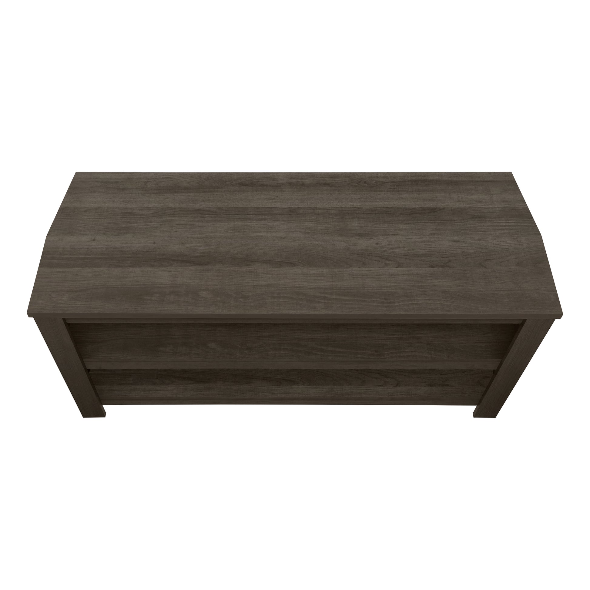 Dark gray wood grain modern console table from top view  characters