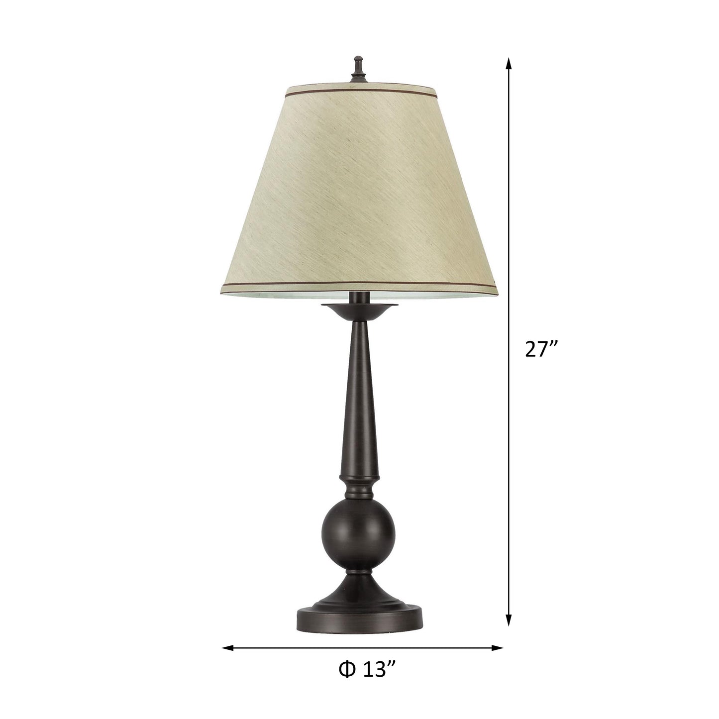 Dark bronze accent table lamp with beige linen drum shade and decorative finial