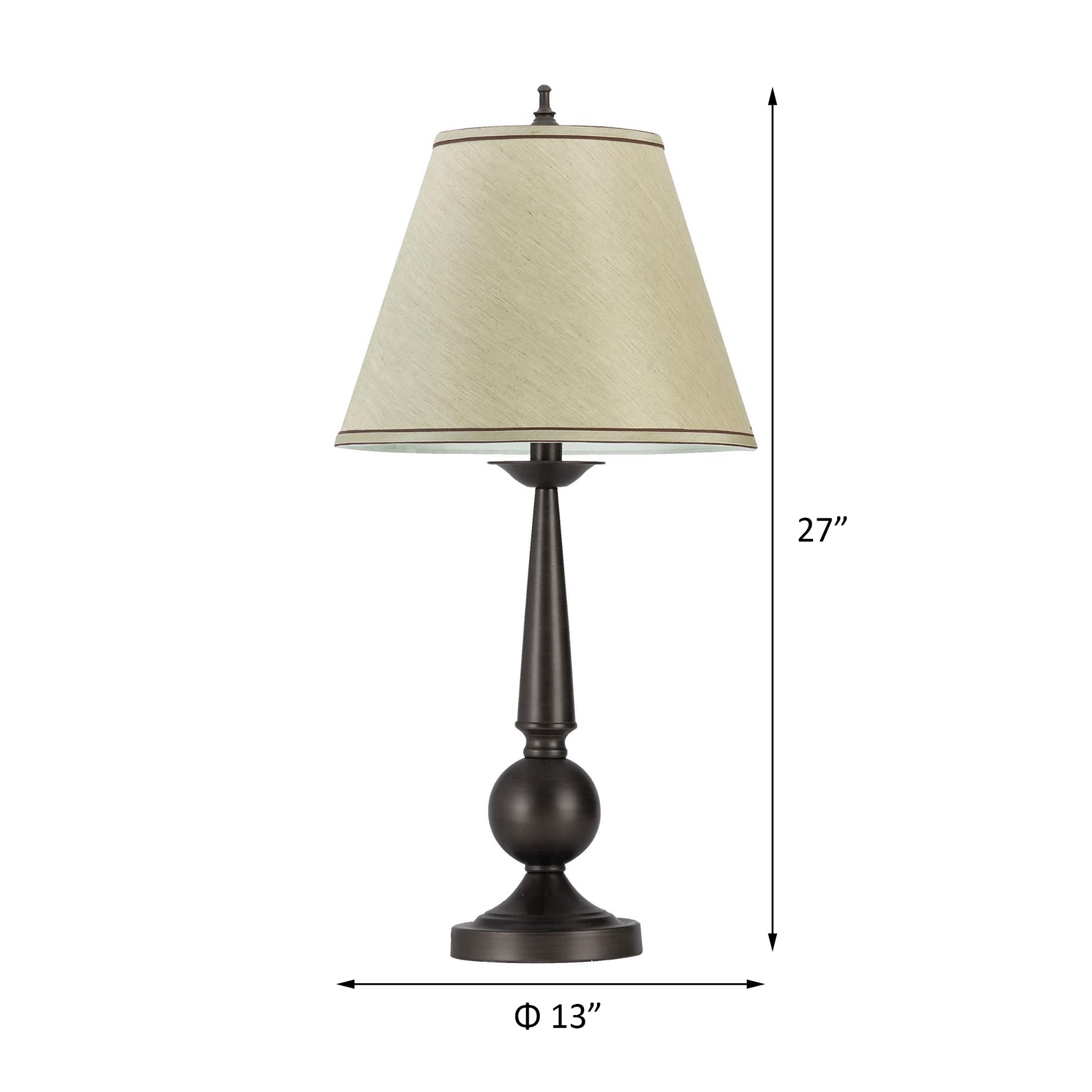 Dark bronze accent table lamp with beige linen drum shade and decorative finial