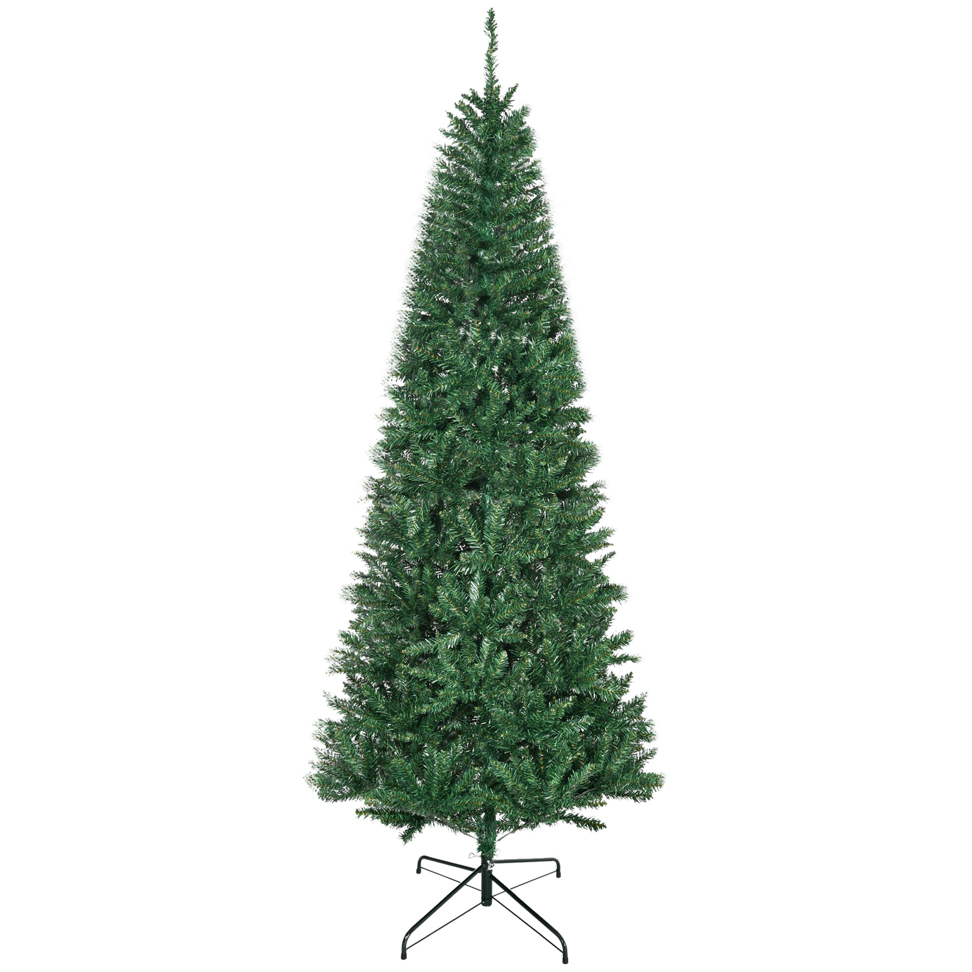 Full view of a tall slender green artificial Christmas tree with a black metal stand