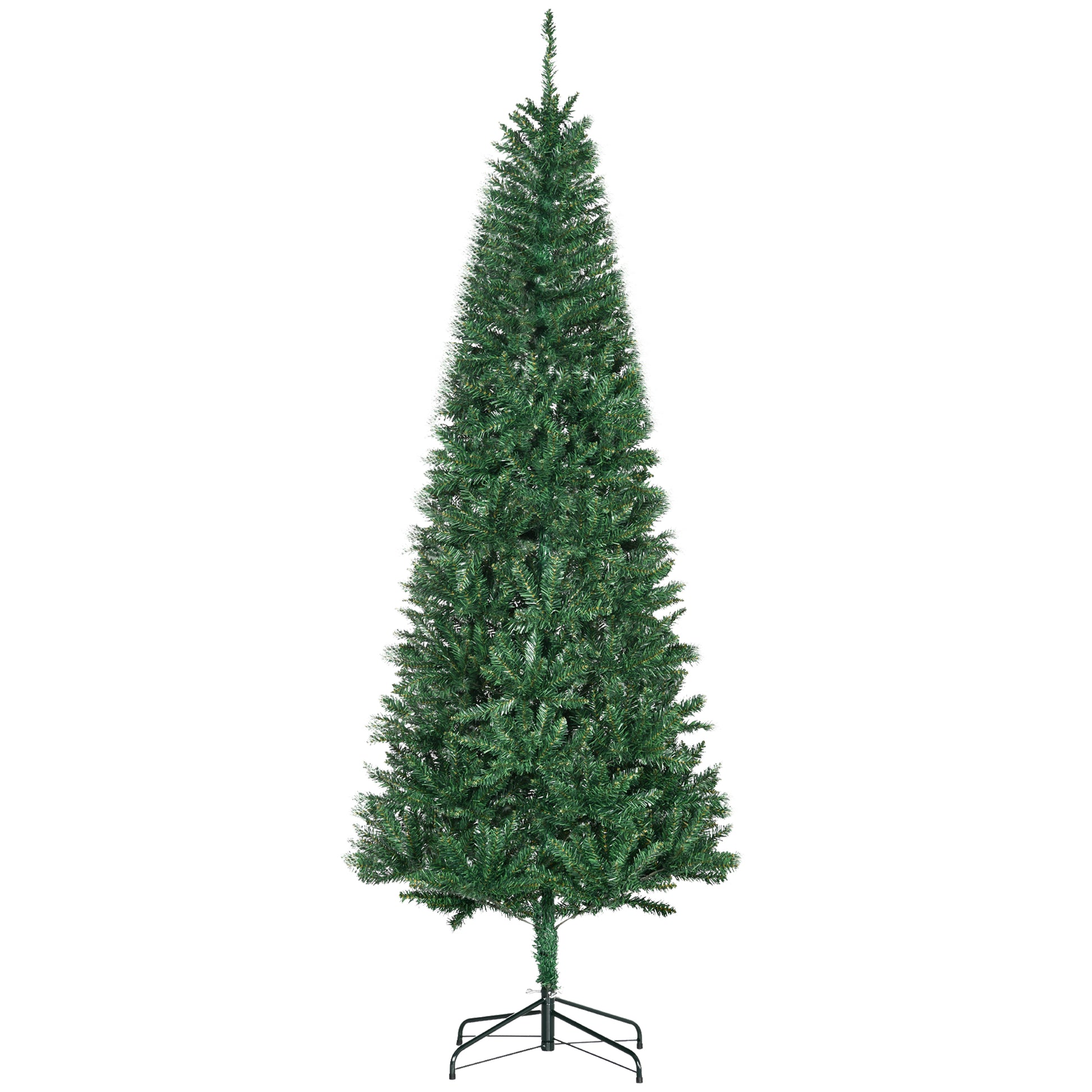 Green artificial Christmas tree with a slender profile on a black stand