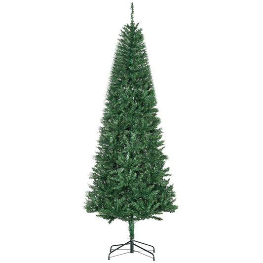 Green artificial Christmas tree with a slender profile on a black stand