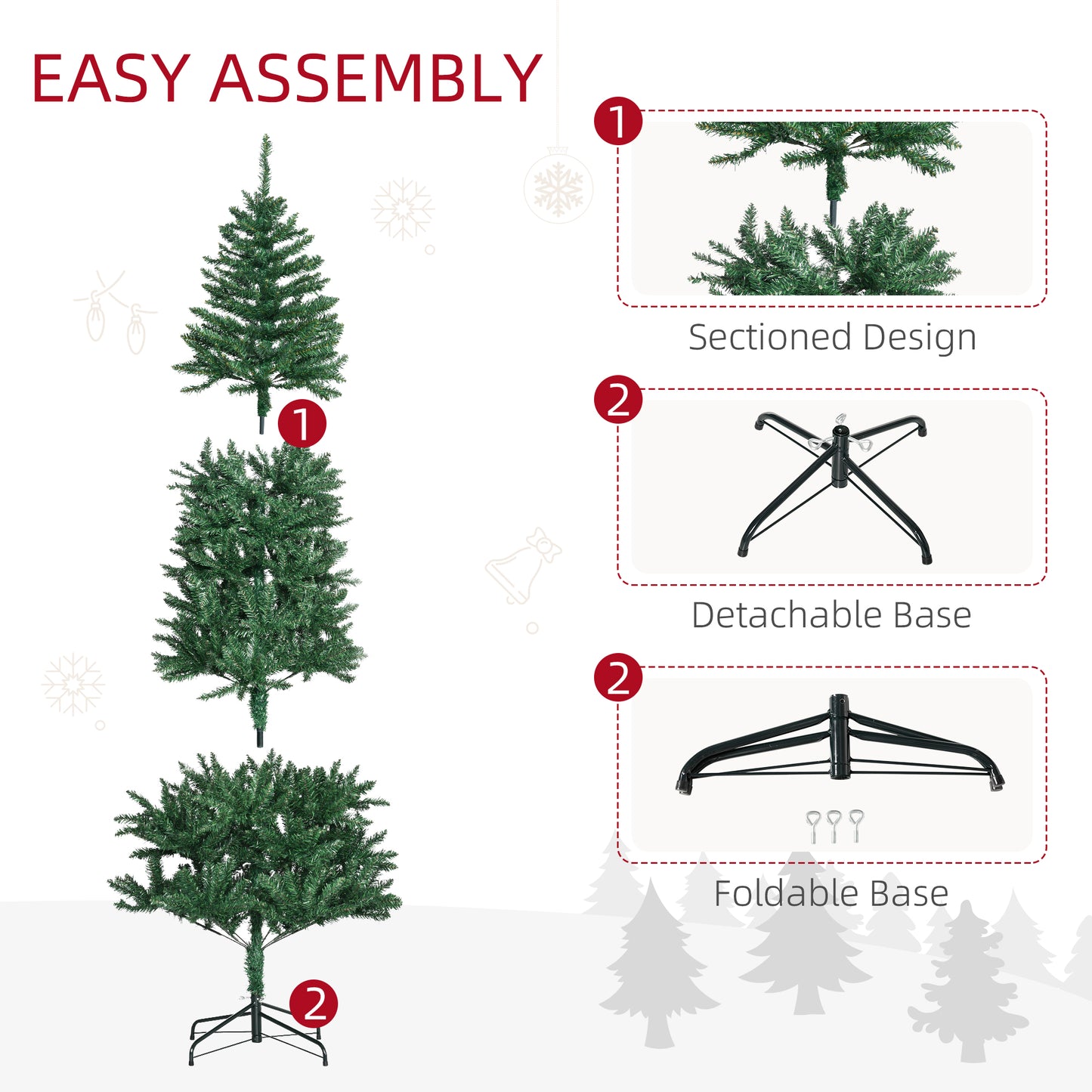Green artificial Christmas tree with sectioned design for easy assembly