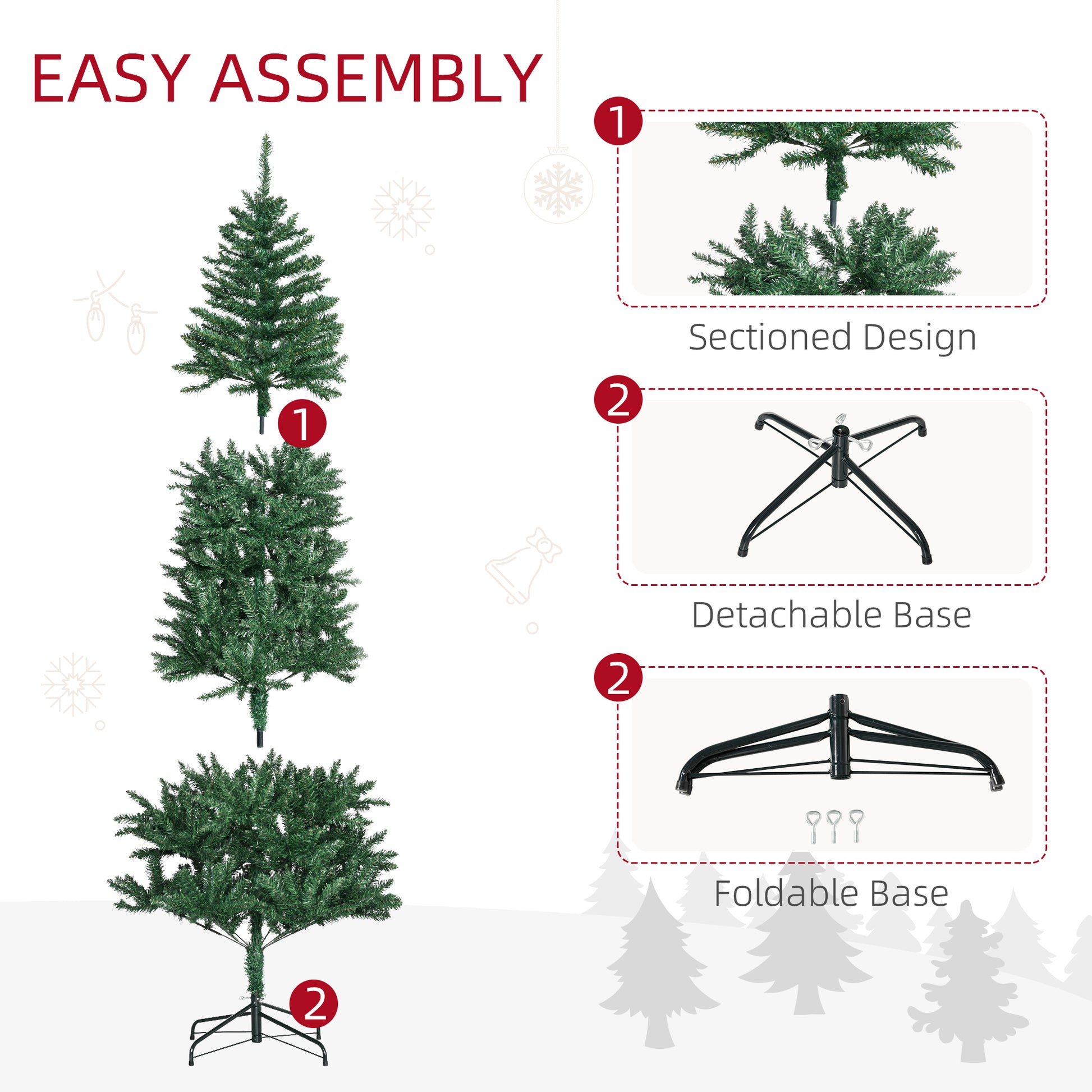 Green artificial Christmas tree with sectioned design for easy assembly