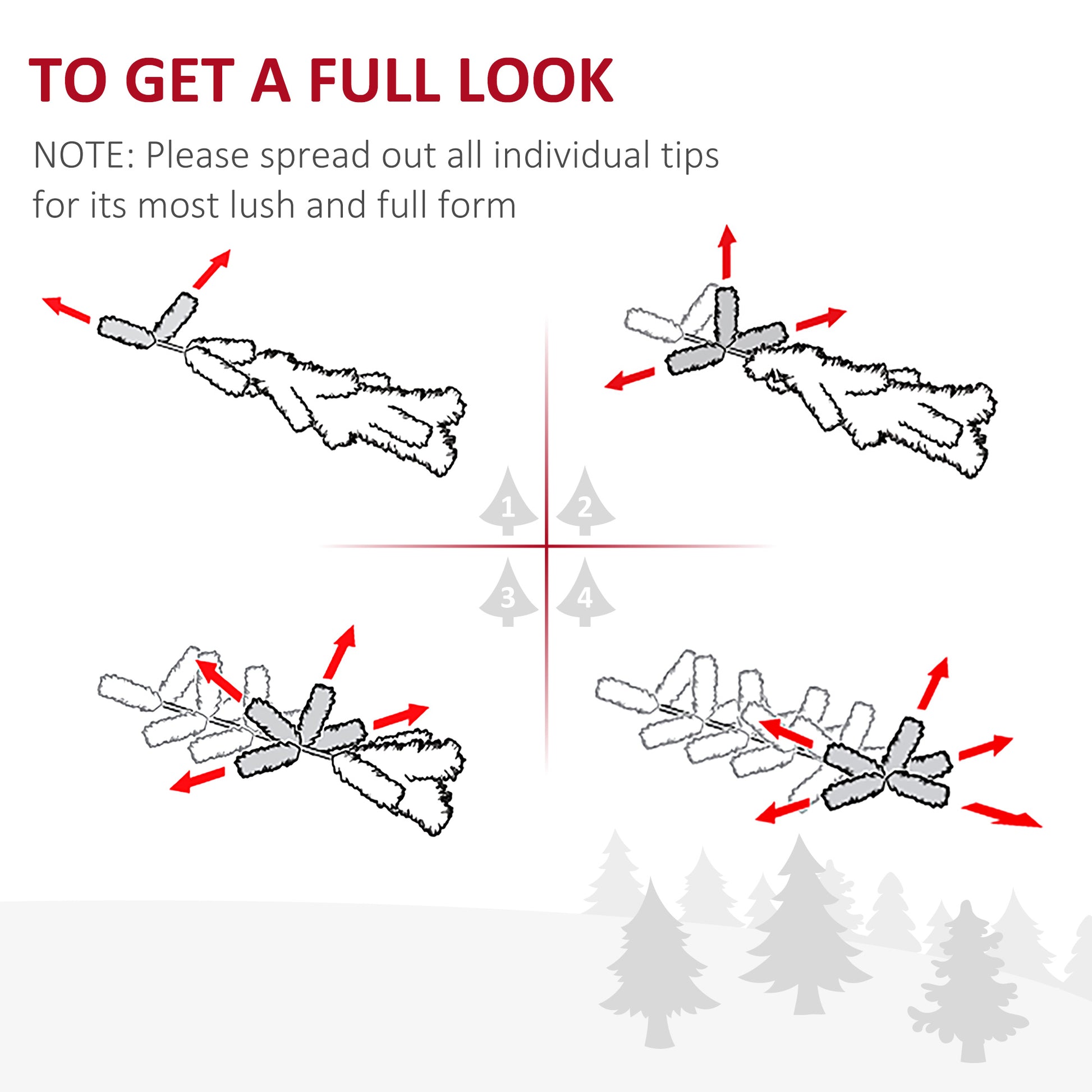 Illustration of pine branches with red arrows indicating fluffing for Christmas tree tips