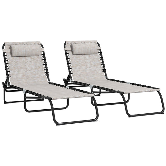 Two beige fabric zero gravity chairs with black frames and adjustable headrests for outdoor relaxation