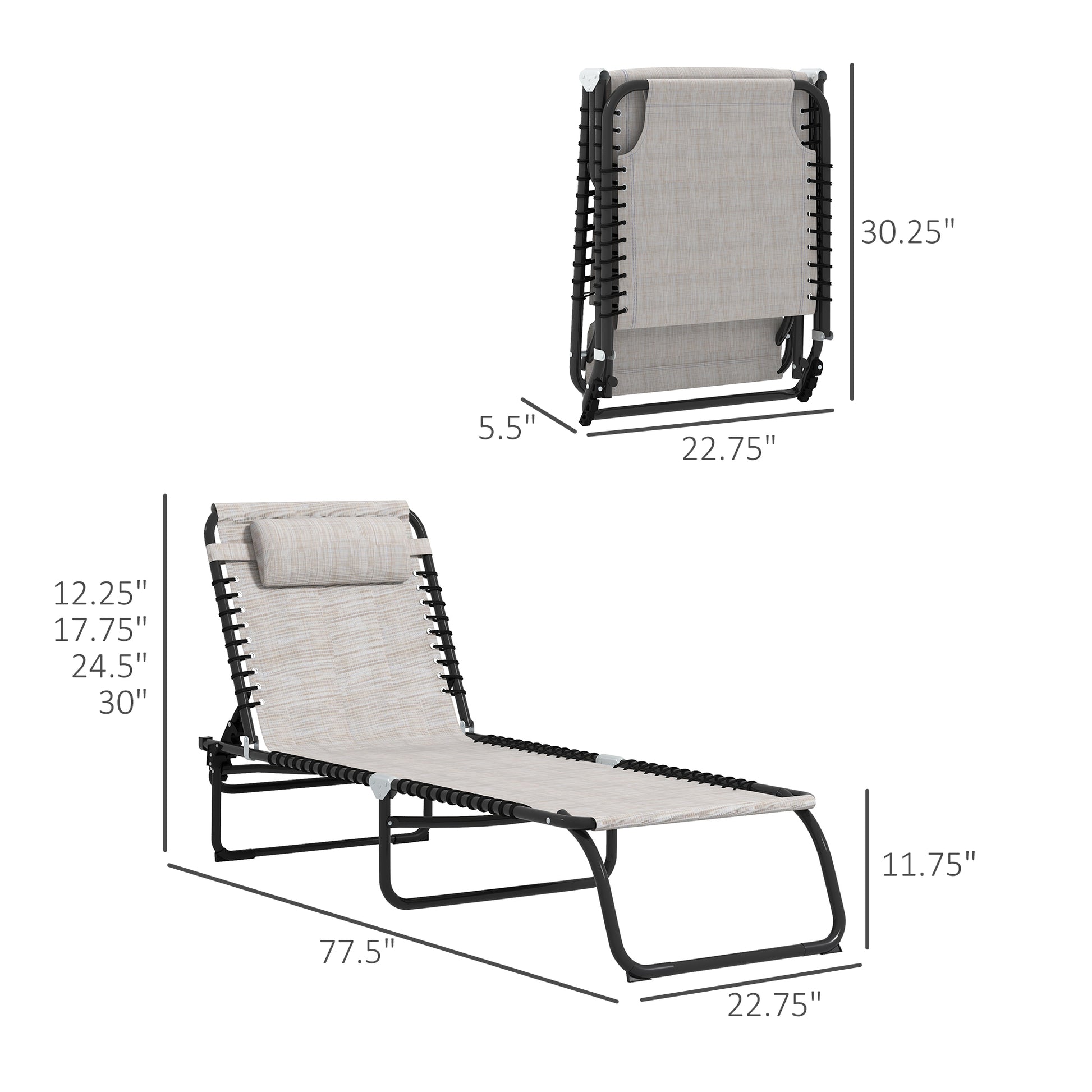 Light beige recliner chair with black frame adjustable headrest for outdoor use