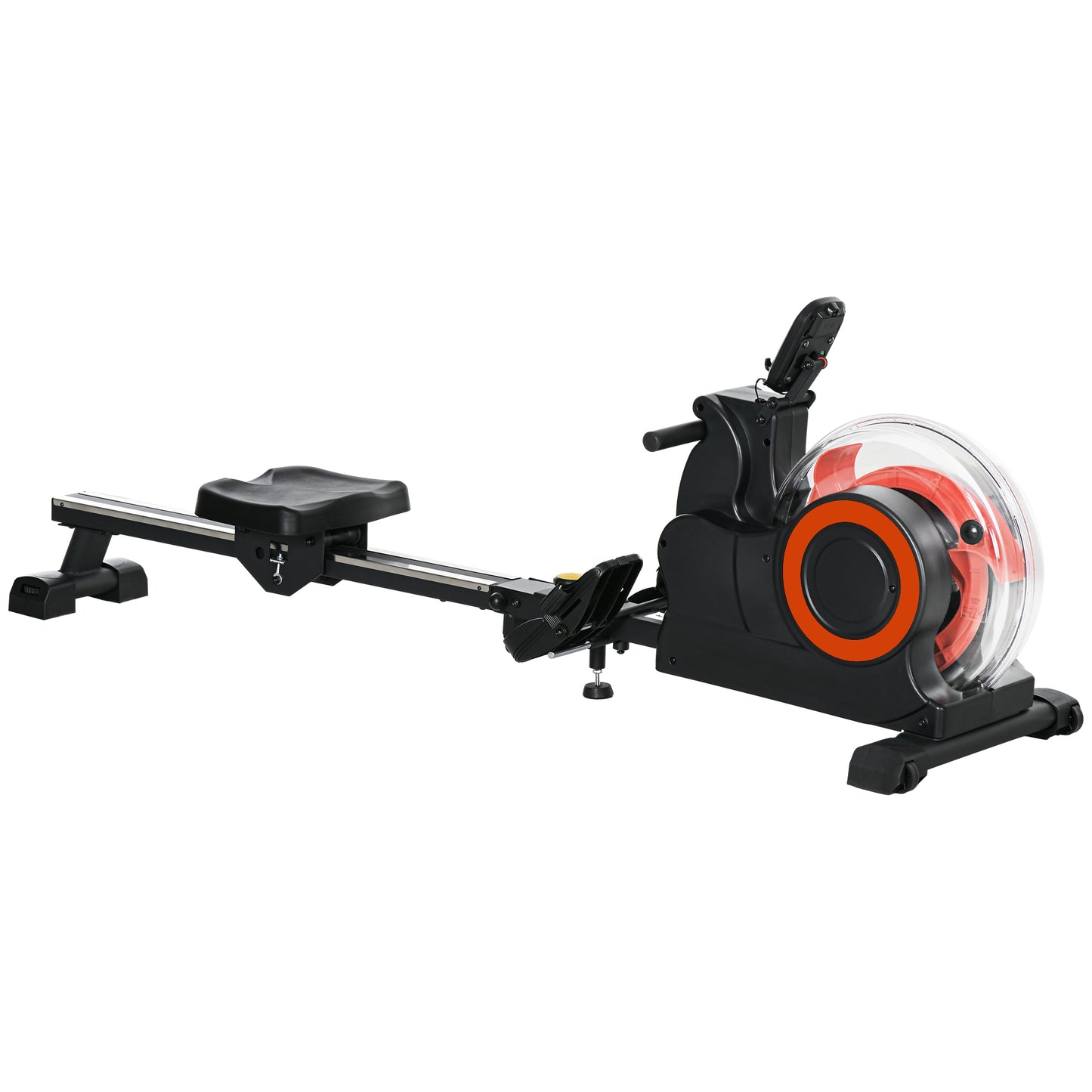 Black water rower with red accents and clear water tank for home gym workouts