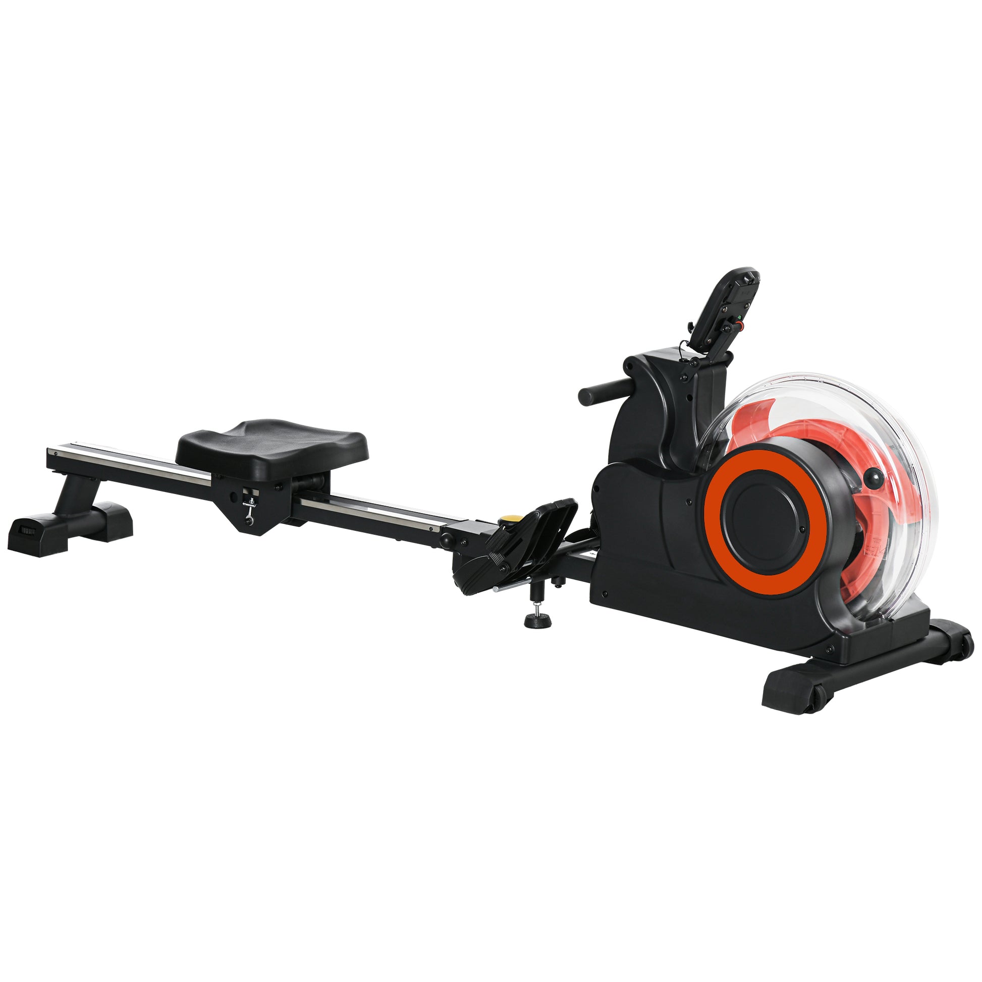 Black water rower with red accents and clear water tank for home gym workouts