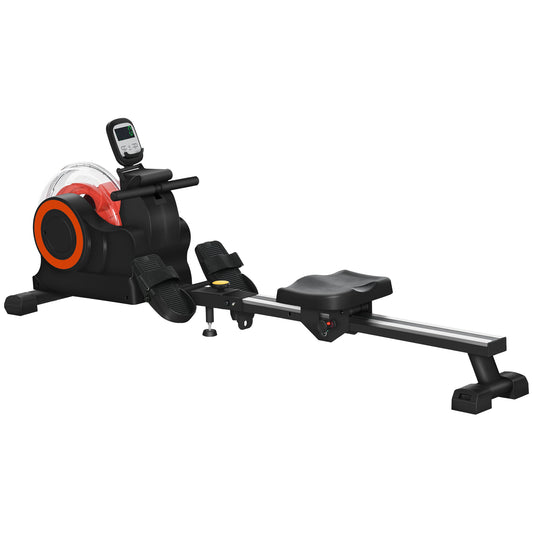 Black magnetic rowing machine with digital display and adjustable footrests