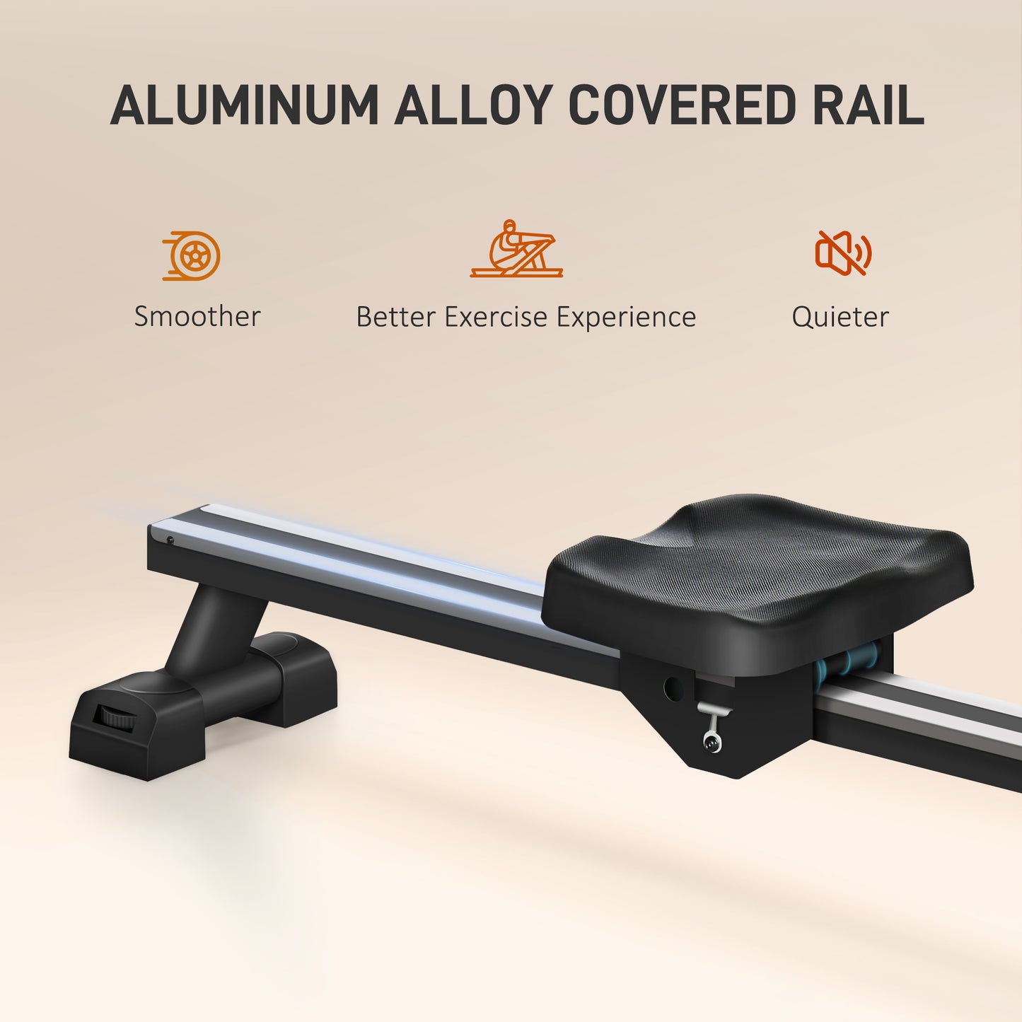 Black rowing machine seat with aluminum alloy covered rail for a smoother workout