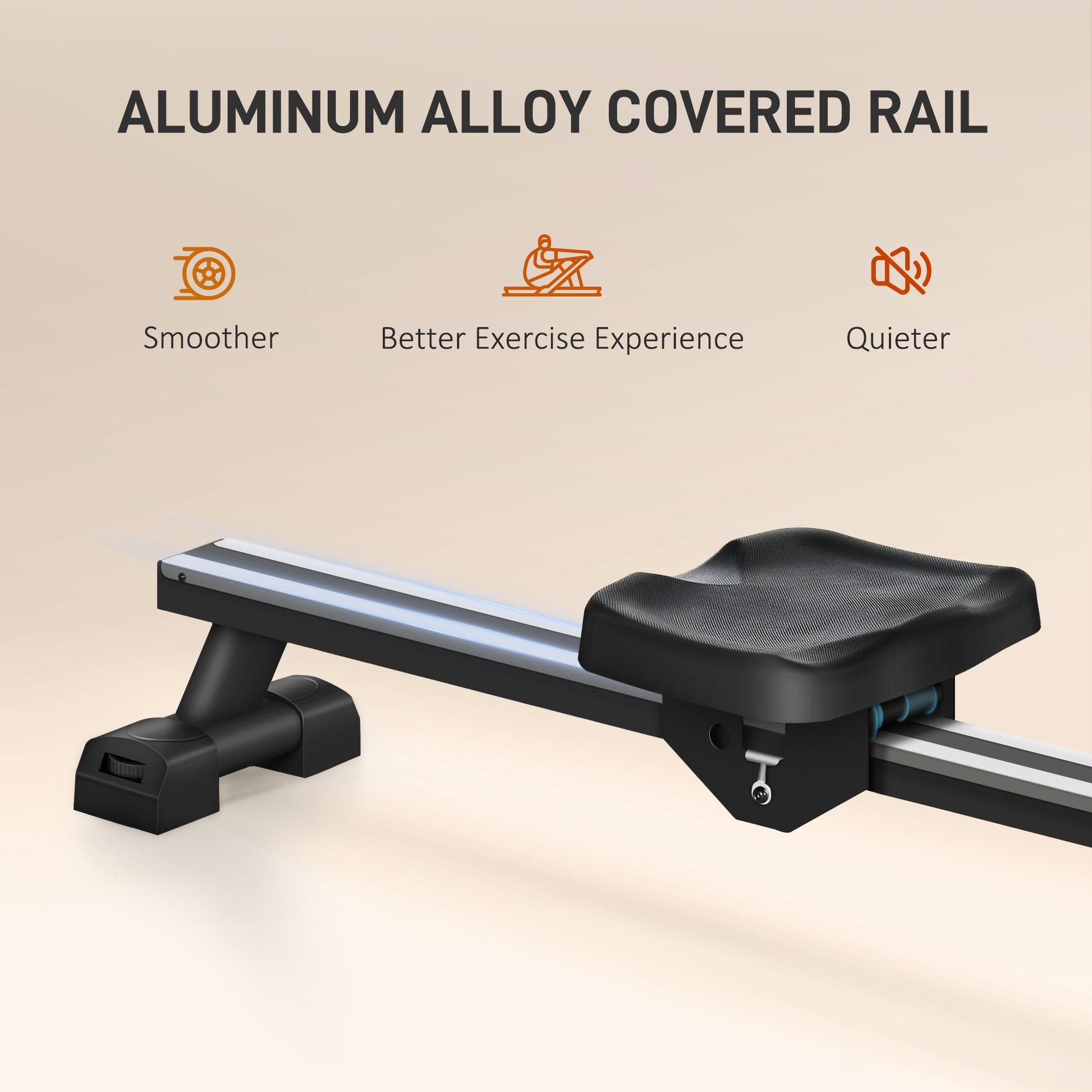 Black rowing machine seat with aluminum alloy covered rail for a smoother workout