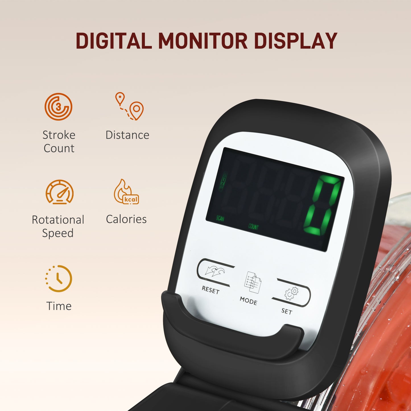Digital exercise bike monitor displaying stroke count distance rotational speed calories and time