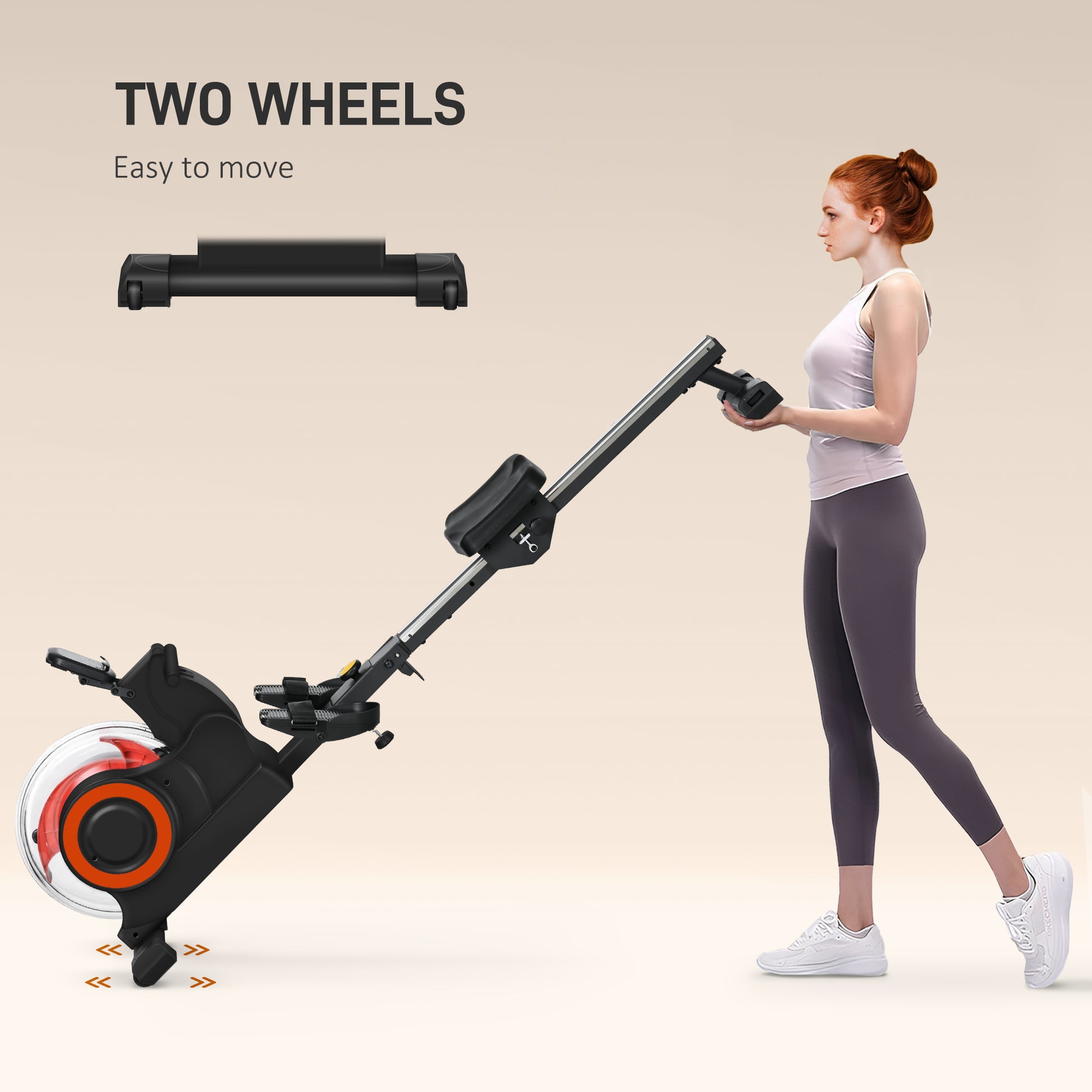 Black foldable rowing machine with orange accents featuring integrated transport wheels