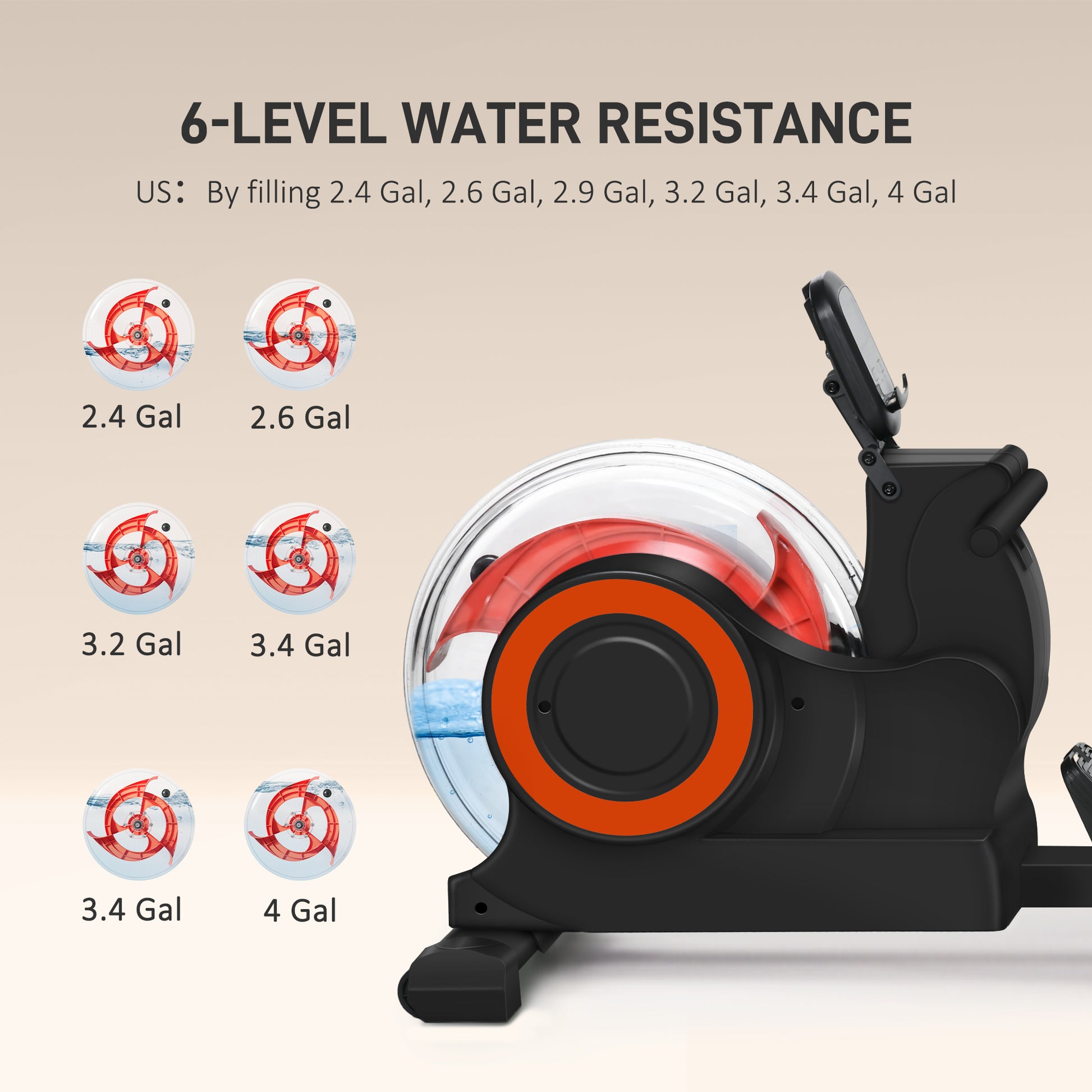 Black water rower with clear tank showing red paddlewheel and water for adjustable resistance